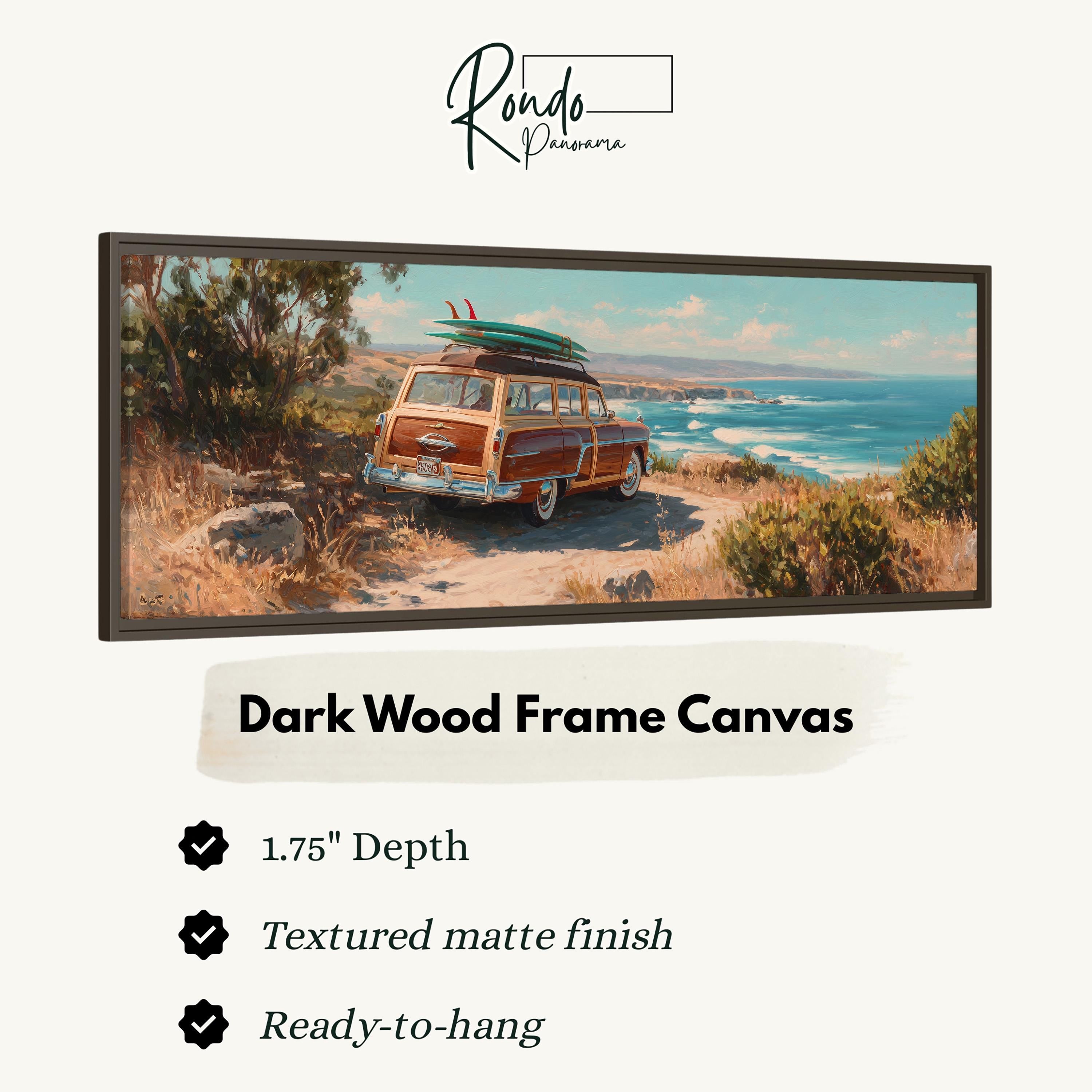 The image is a framed painting depicting a vintage van parked on a beach with a surfboard on top, set against a scenic coastal landscape.