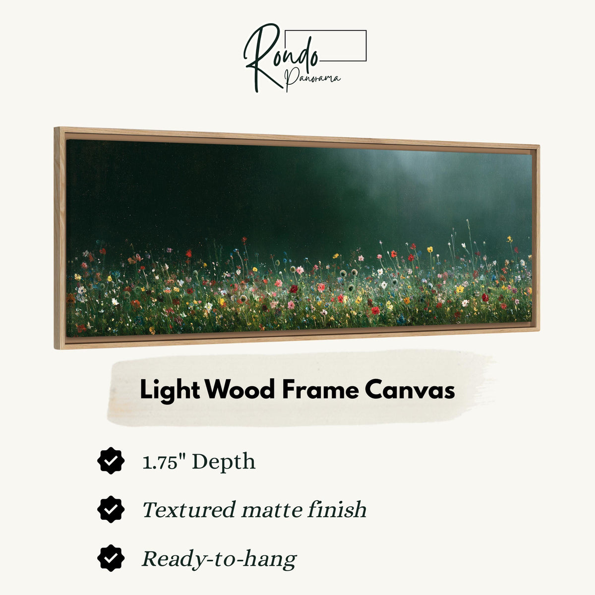 Wildflower field under a misty teal sky canvas print in a light wood floating frame