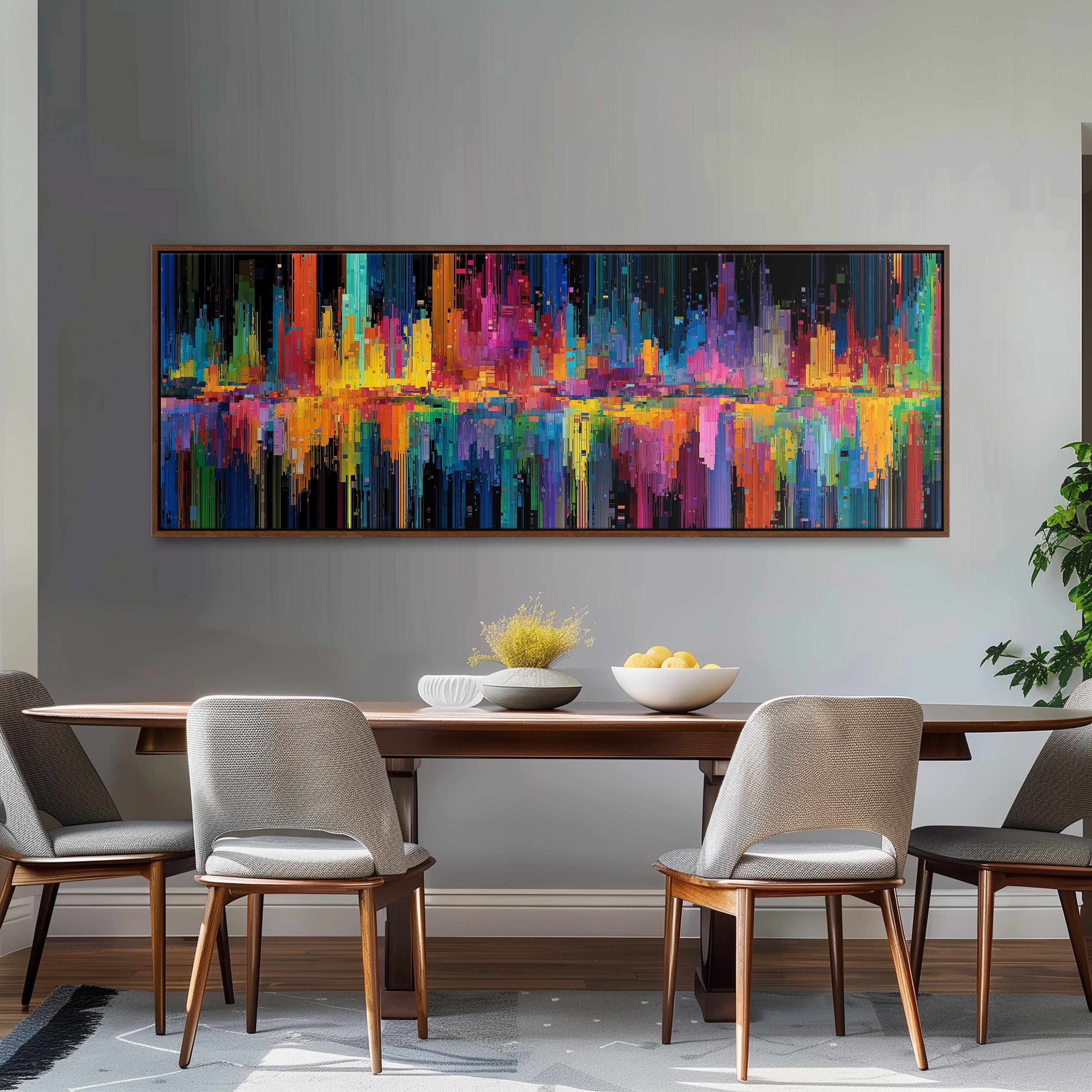 a dining room with a large, colorful abstract painting hanging on the wall above a wooden dining table. The table is set with a bowl of fruit and a vase of flowers, creating a warm and inviting atmosphere. The room is furnished with four chairs, two on each side of the table, and a potted plant is placed on the right side of the room.
