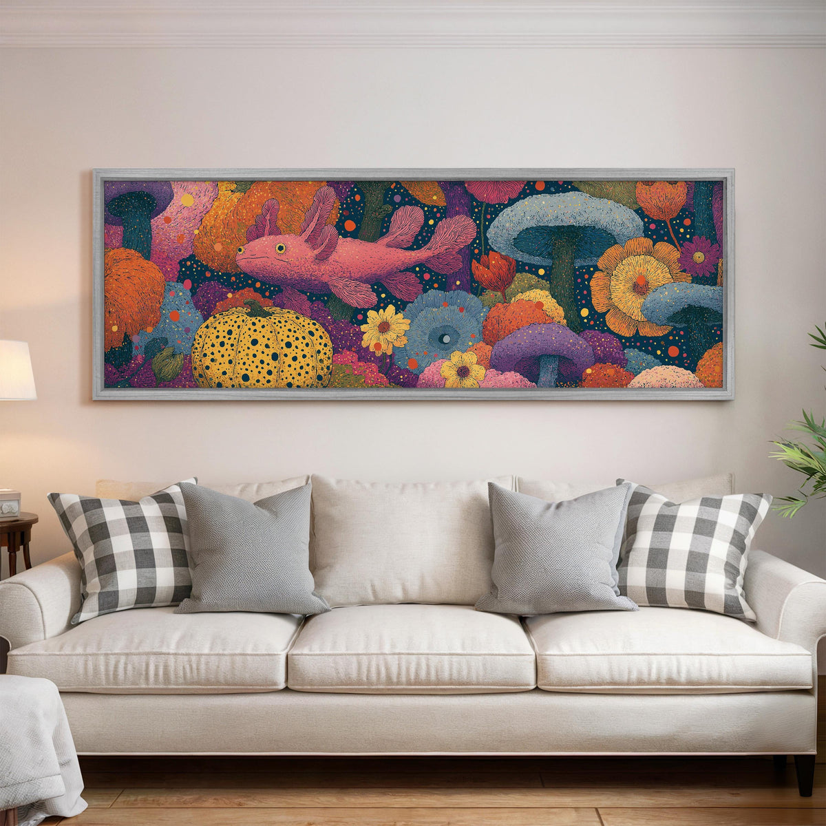 Fantasy mushrooms with a pink creature panoramic canvas print above a white sofa in a bright living room
