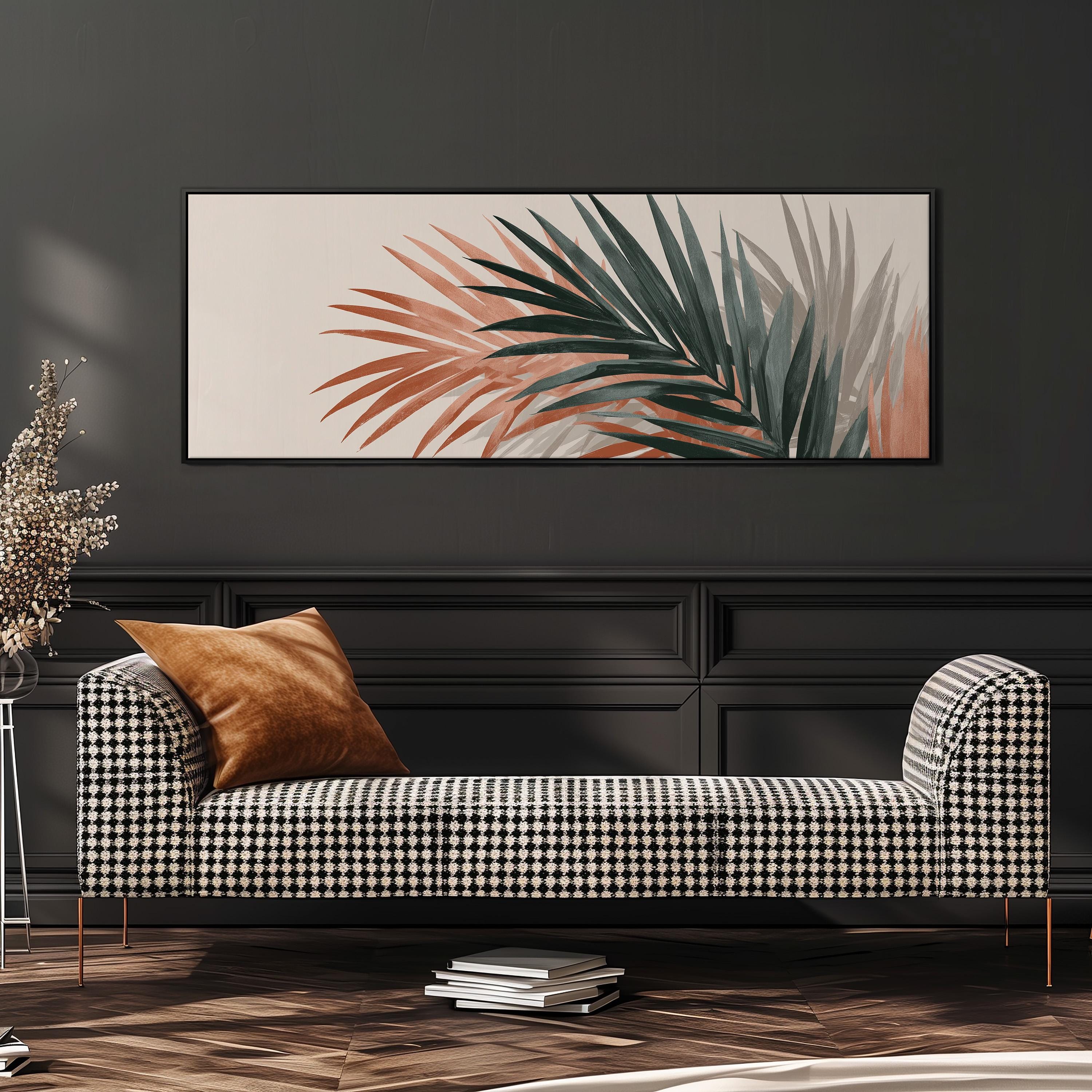 a modern living room with a black and white checkered sofa, a large abstract painting of palm leaves, and a stack of books on the floor.