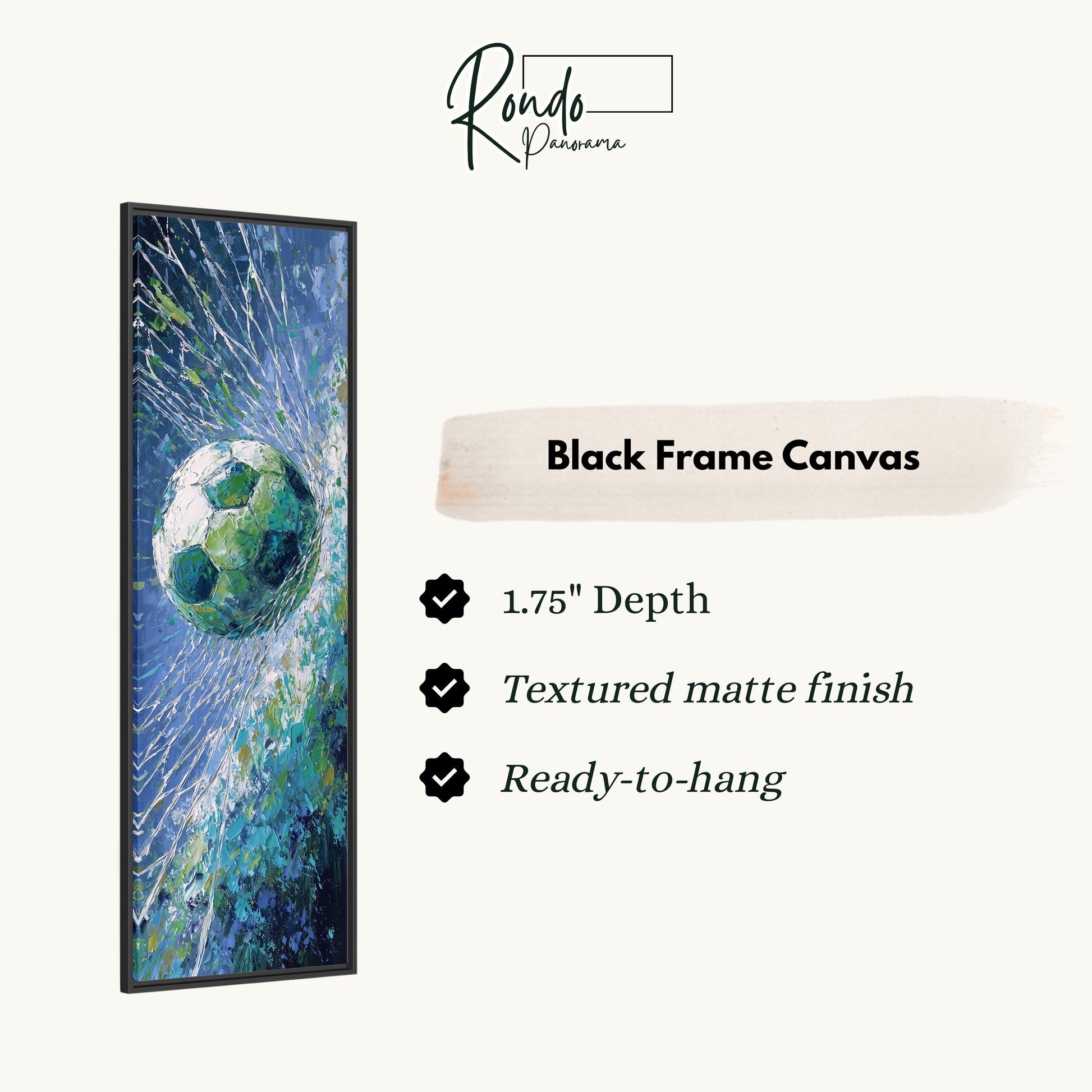 The image is a framed artwork depicting a soccer ball in motion, with a text box providing information about the black frame canvas.