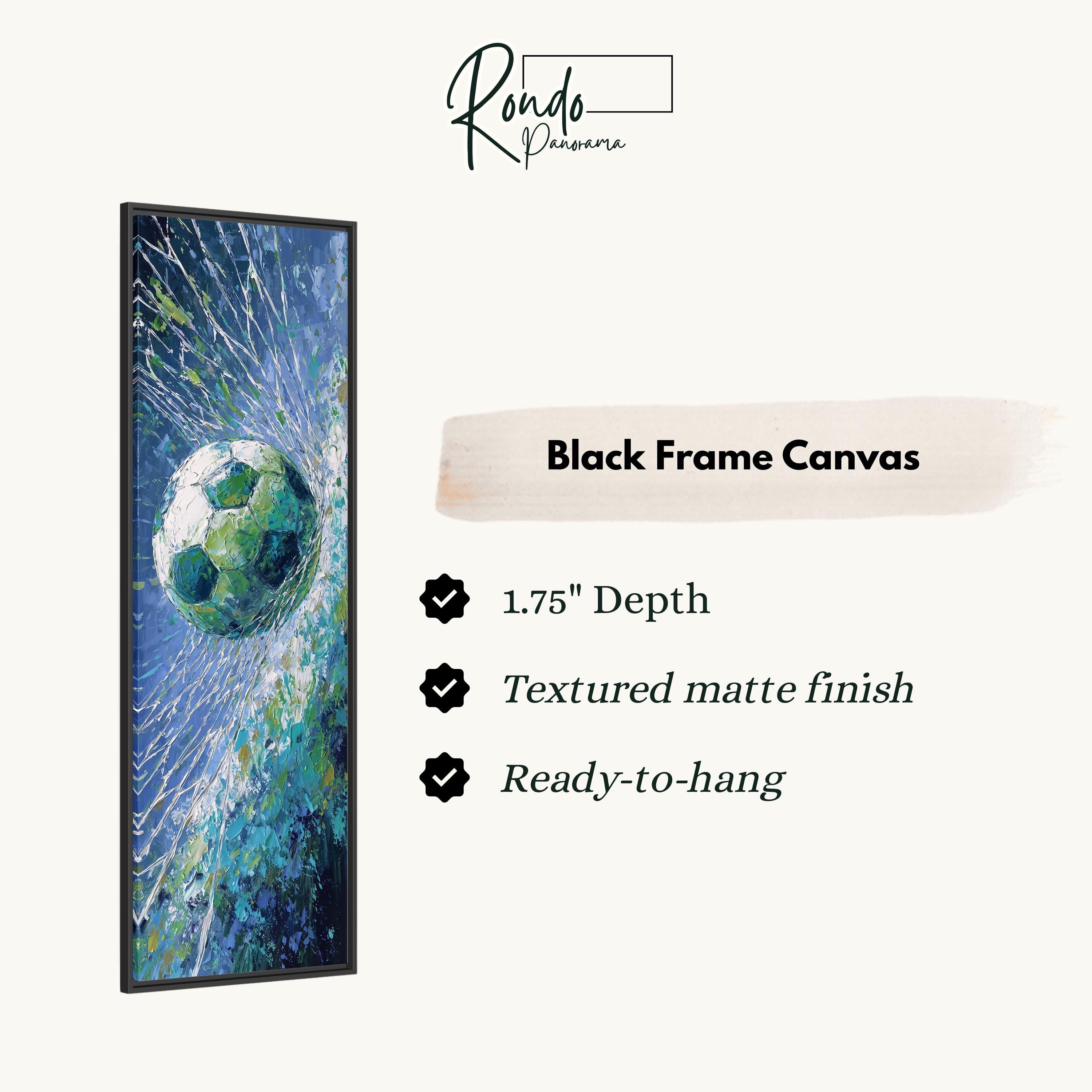 The image is a framed artwork depicting a soccer ball in motion, with a text box providing information about the black frame canvas.