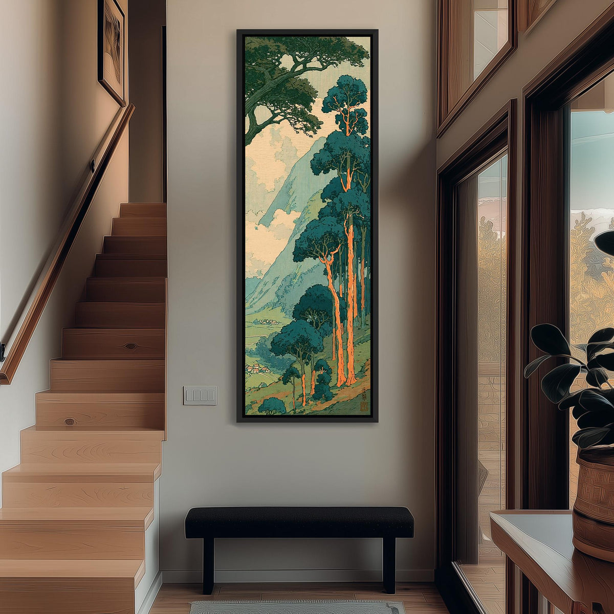 Pine trees above a misty valley in a woodblock style tall narrow canvas print beside a staircase in an entryway