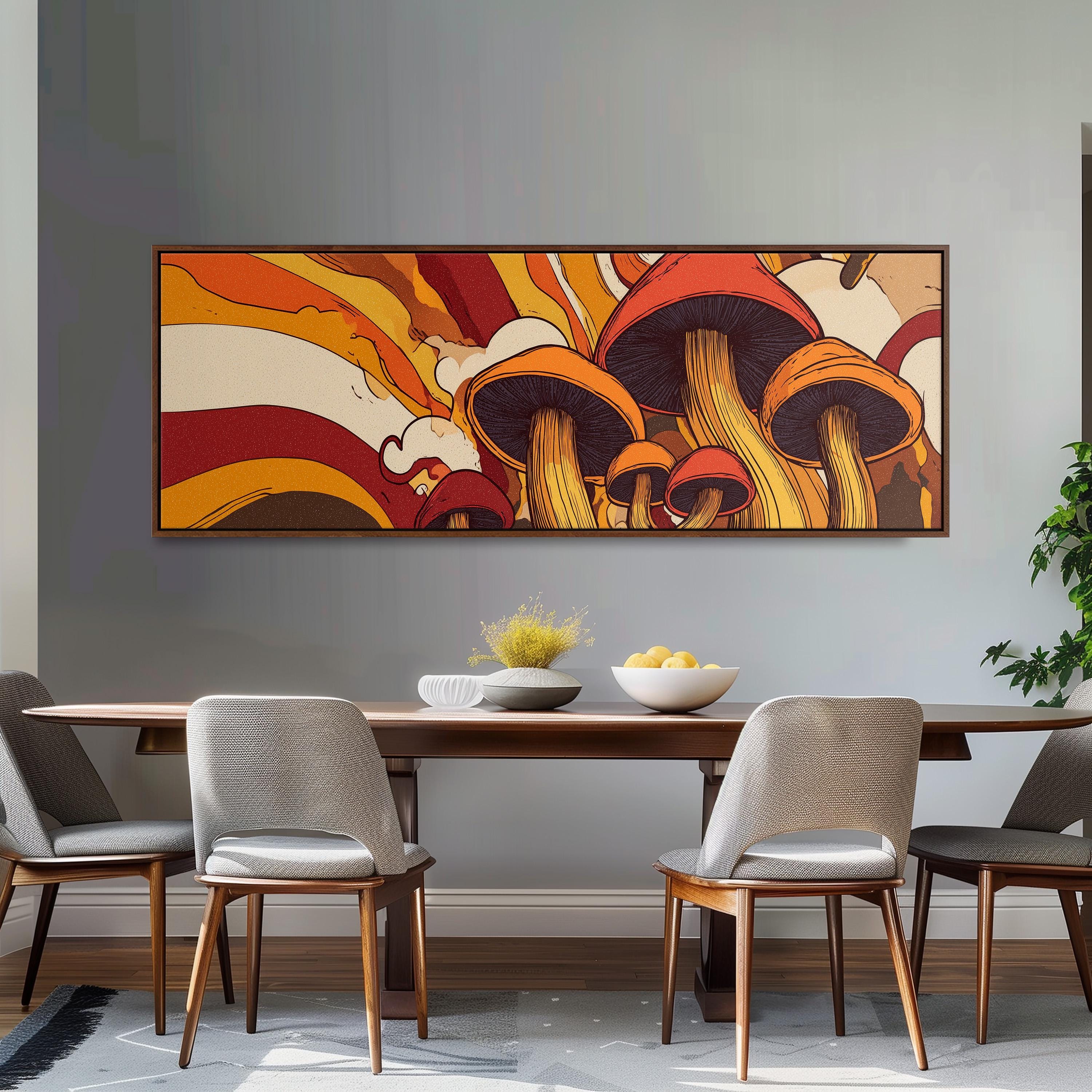 a dining room with a large, colorful painting of mushrooms hanging on the wall above a wooden dining table with four chairs. The table is set with a bowl of fruit and a vase of flowers, creating a warm and inviting atmosphere.