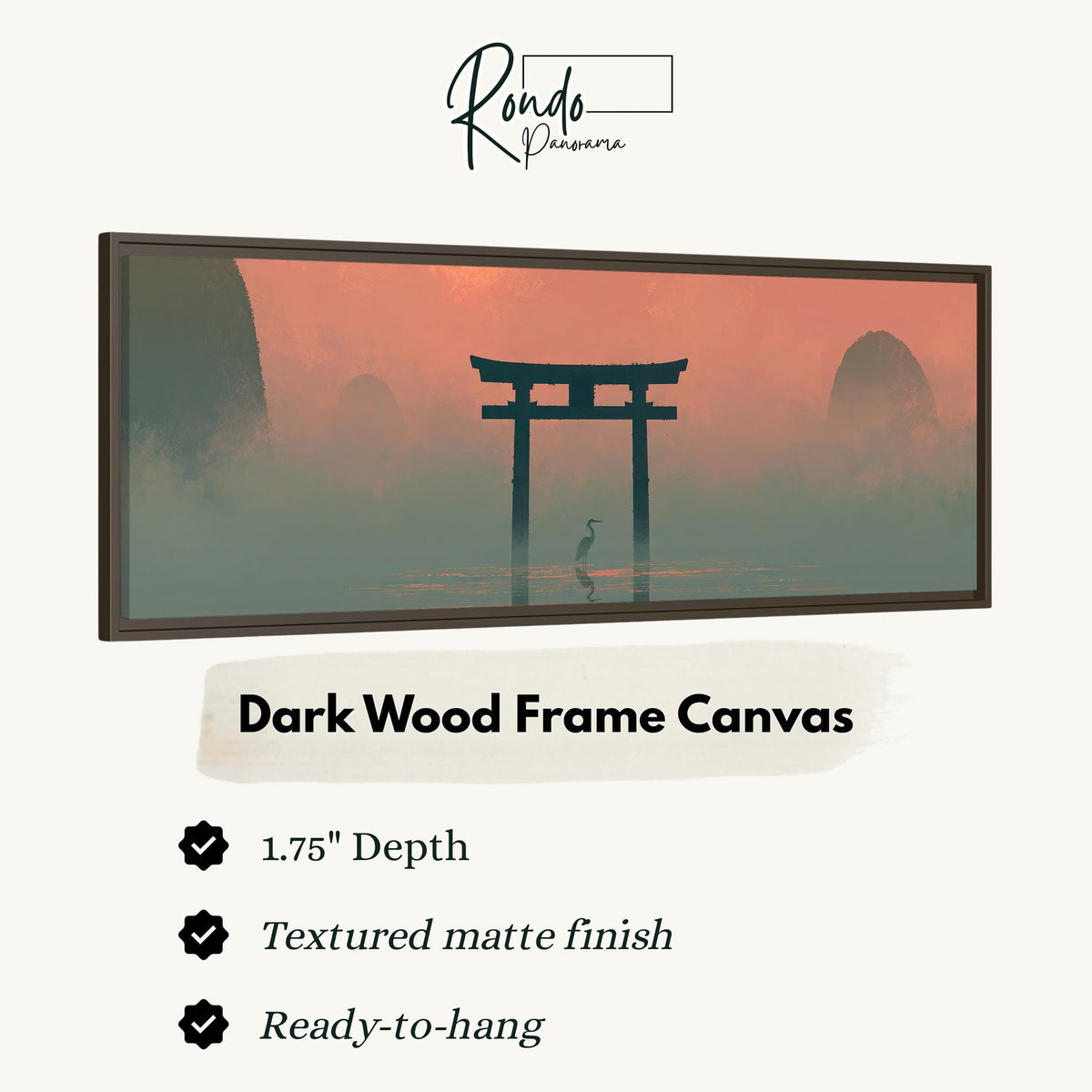 Torii gate and heron in pink mist canvas print in a dark wood floating frame