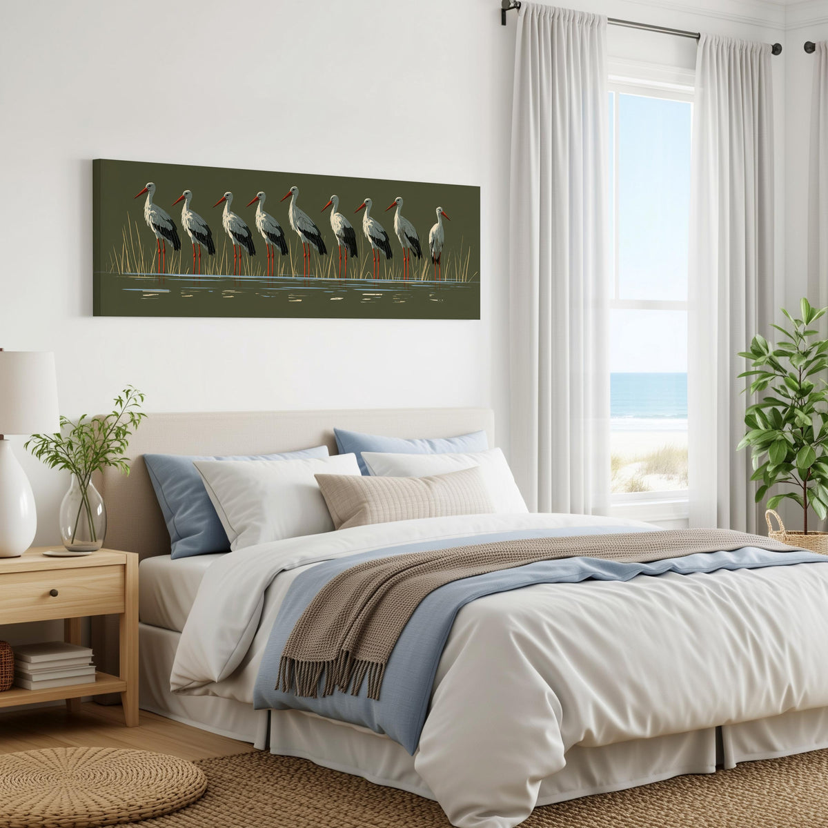 Flock of storks on olive green panoramic canvas print above a bed in a coastal bedroom