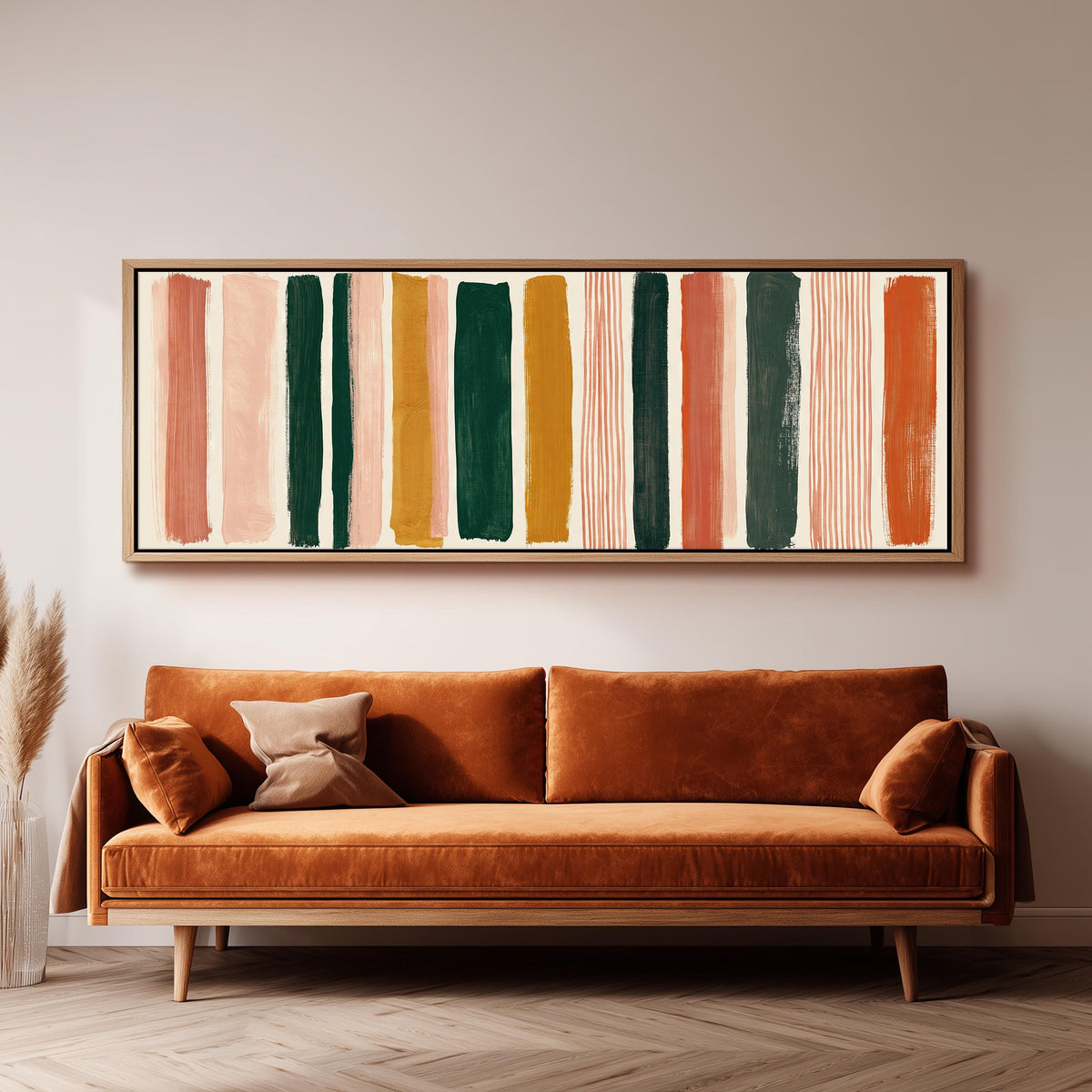 Mixed stripe blocks in terracotta, pink and green wide panoramic canvas print above a bench in a dark living room