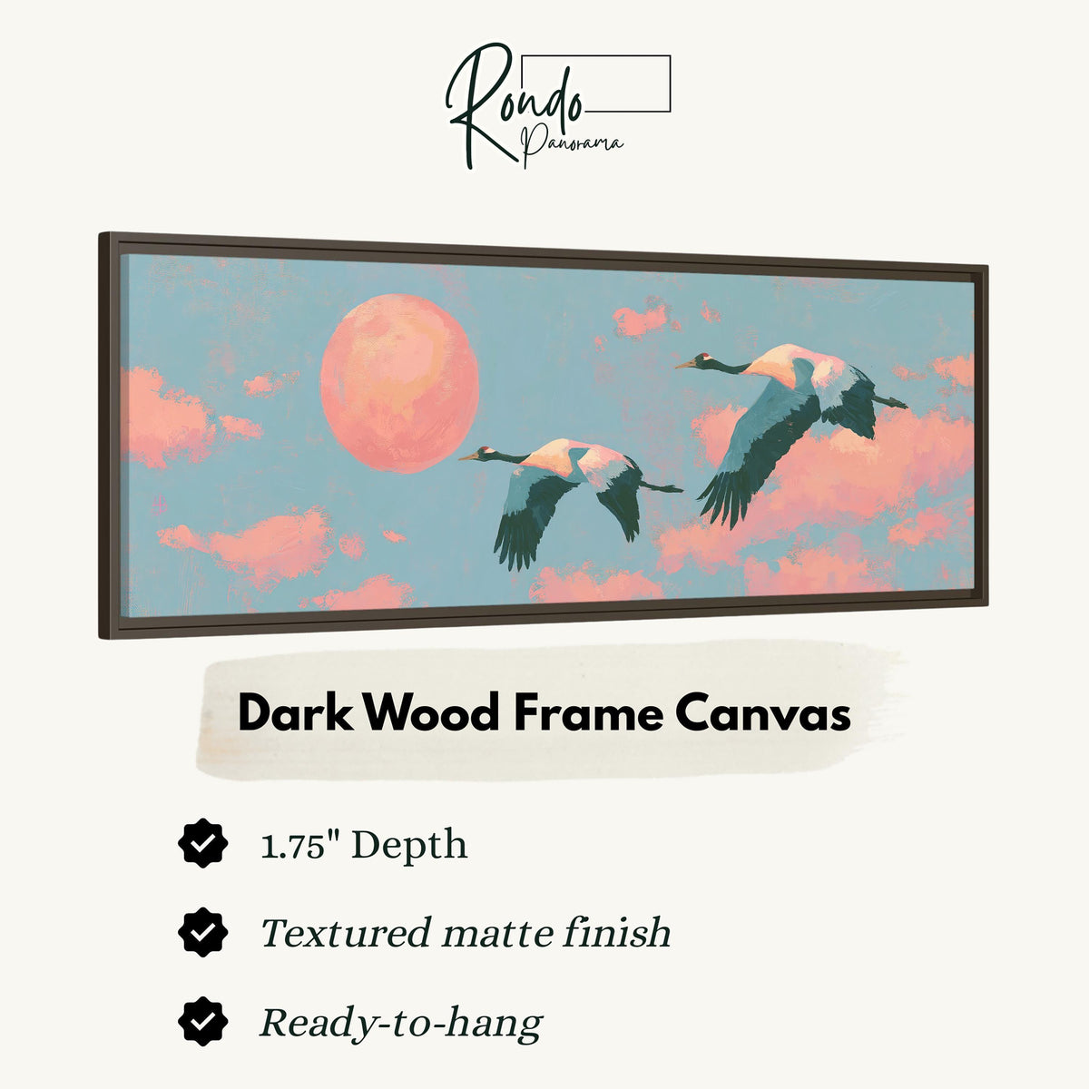 Two cranes flying at sunset canvas print in a dark wood floating frame