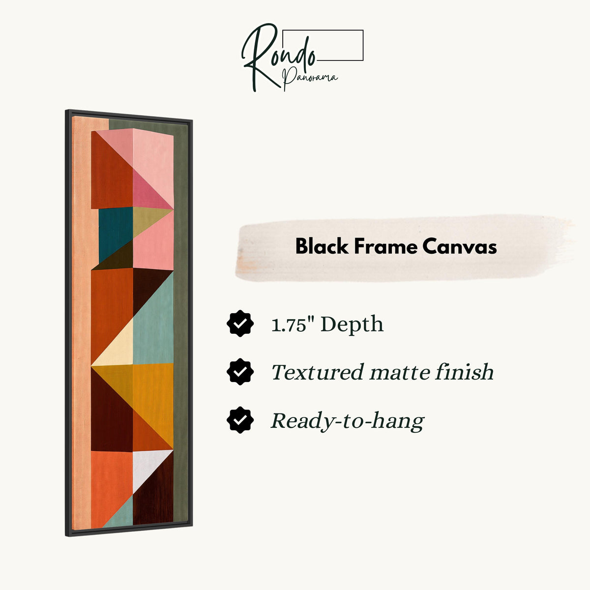 Stacked colorful triangle mosaic canvas print in a black floating frame