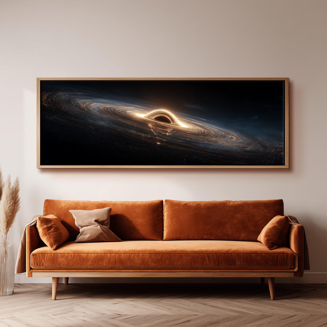 a large black and white checkered sofa with a brown throw pillow, positioned in front of a wall with a framed artwork depicting a black hole.