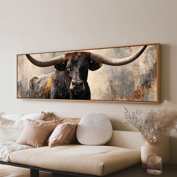 Longhorn bull portrait long horizontal canvas print above a sofa in a living room