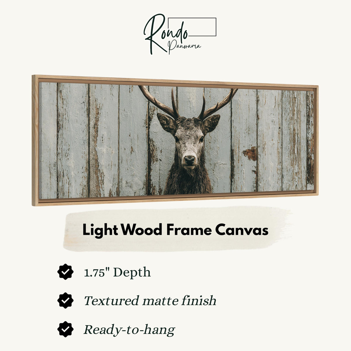 Monochrome stag on barn wood canvas print in a light wood floating frame