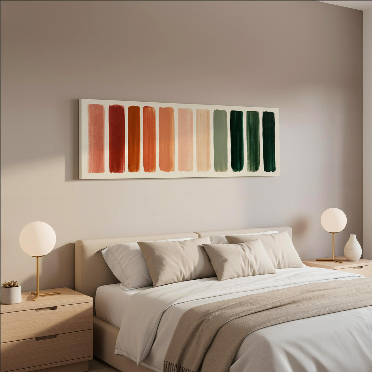 Brushed swatches from terracotta to forest green wide panoramic canvas print above a bed in a neutral bedroom