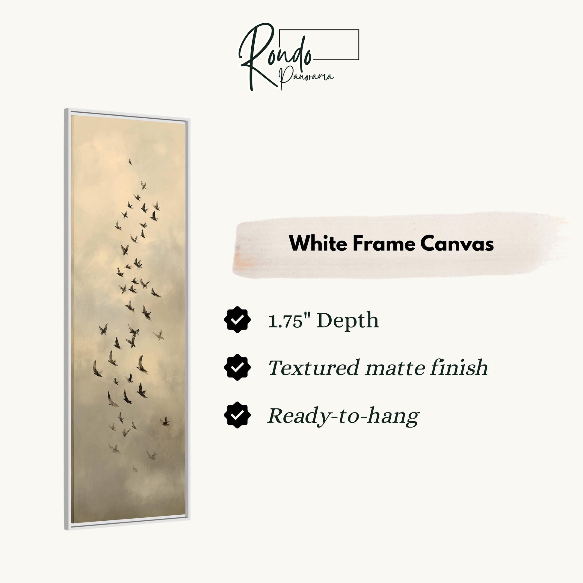 a white frame canvas with a flock of birds depicted on it.