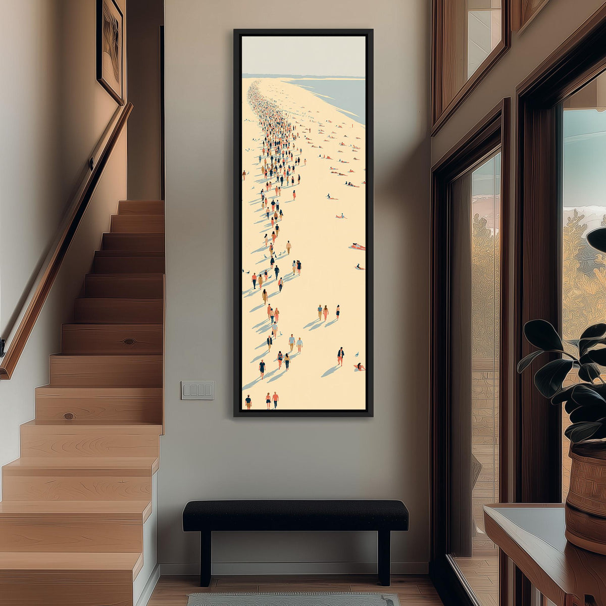 Crowds along a curving beach shoreline from above tall narrow canvas print beside a staircase in an entryway