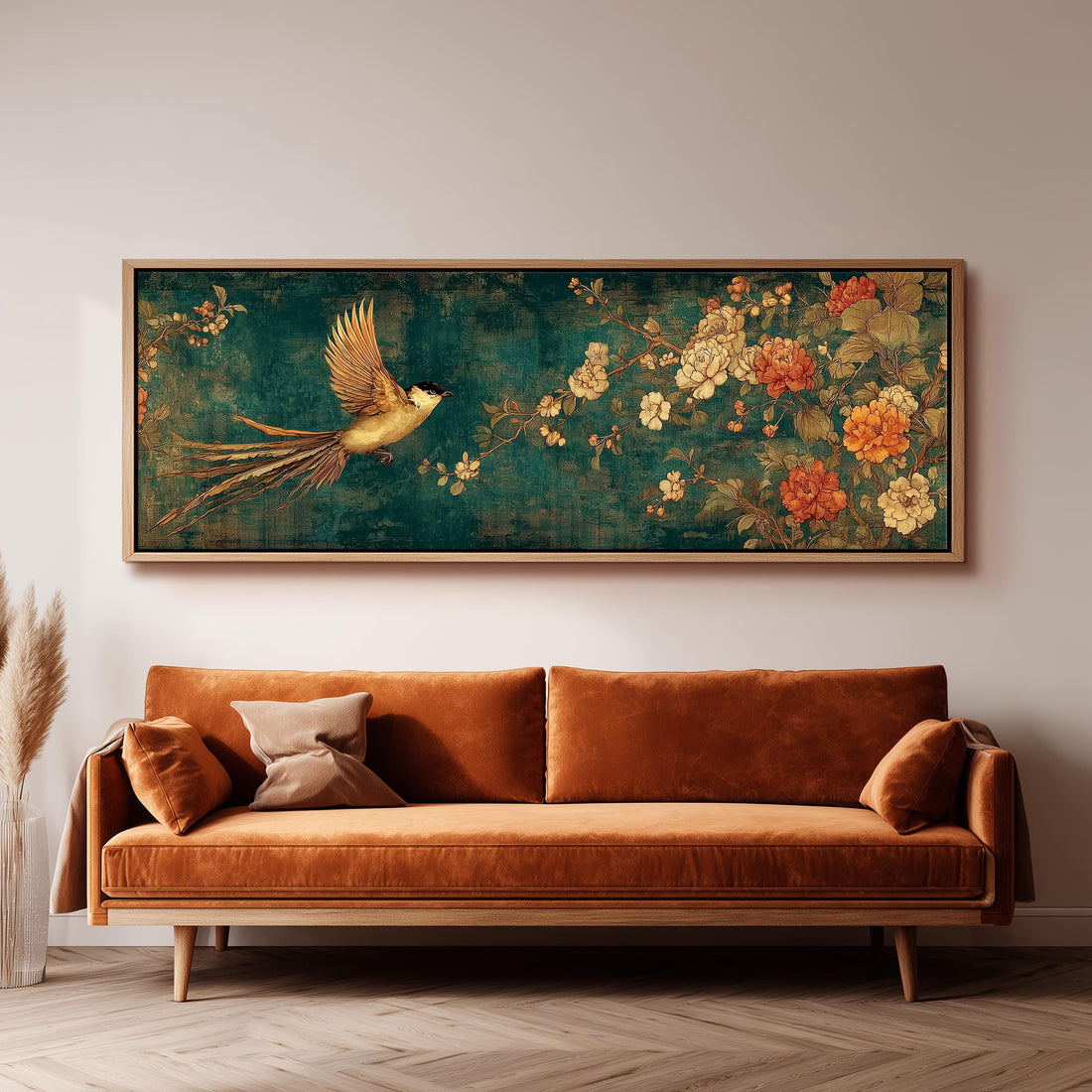 a large, ornate painting of a bird in flight above a brown sofa in a living room setting.