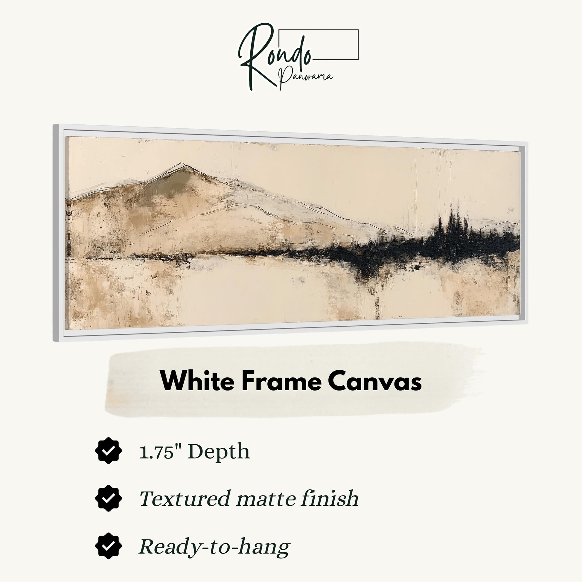 The image is a framed artwork depicting a landscape with mountains and trees.