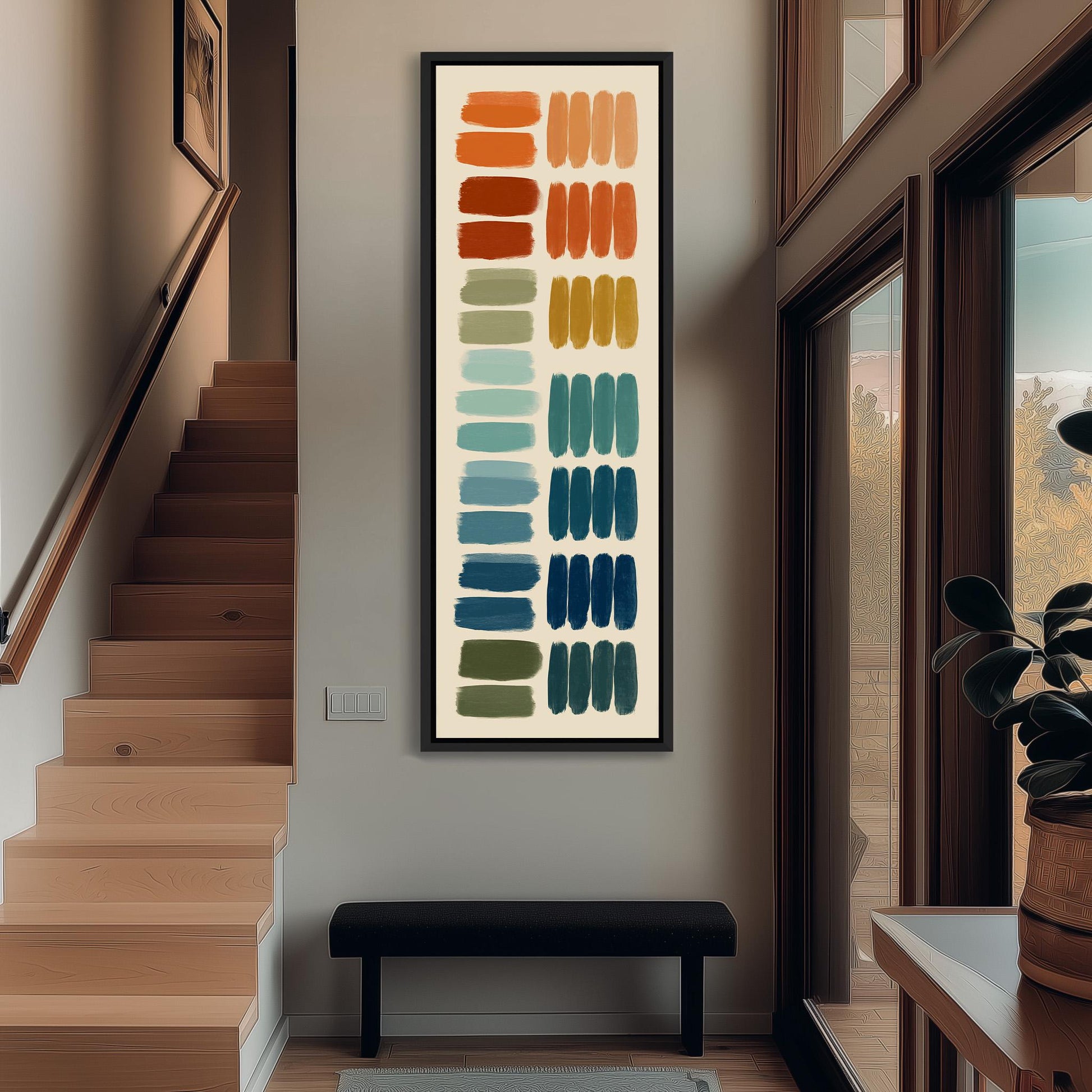 a hallway with a large abstract painting hanging on the wall. The painting consists of various colored squares arranged in a vertical line, creating a vibrant and dynamic visual display. The hallway also includes a staircase, a bench, and a potted plant, contributing to the overall aesthetic of the space.
