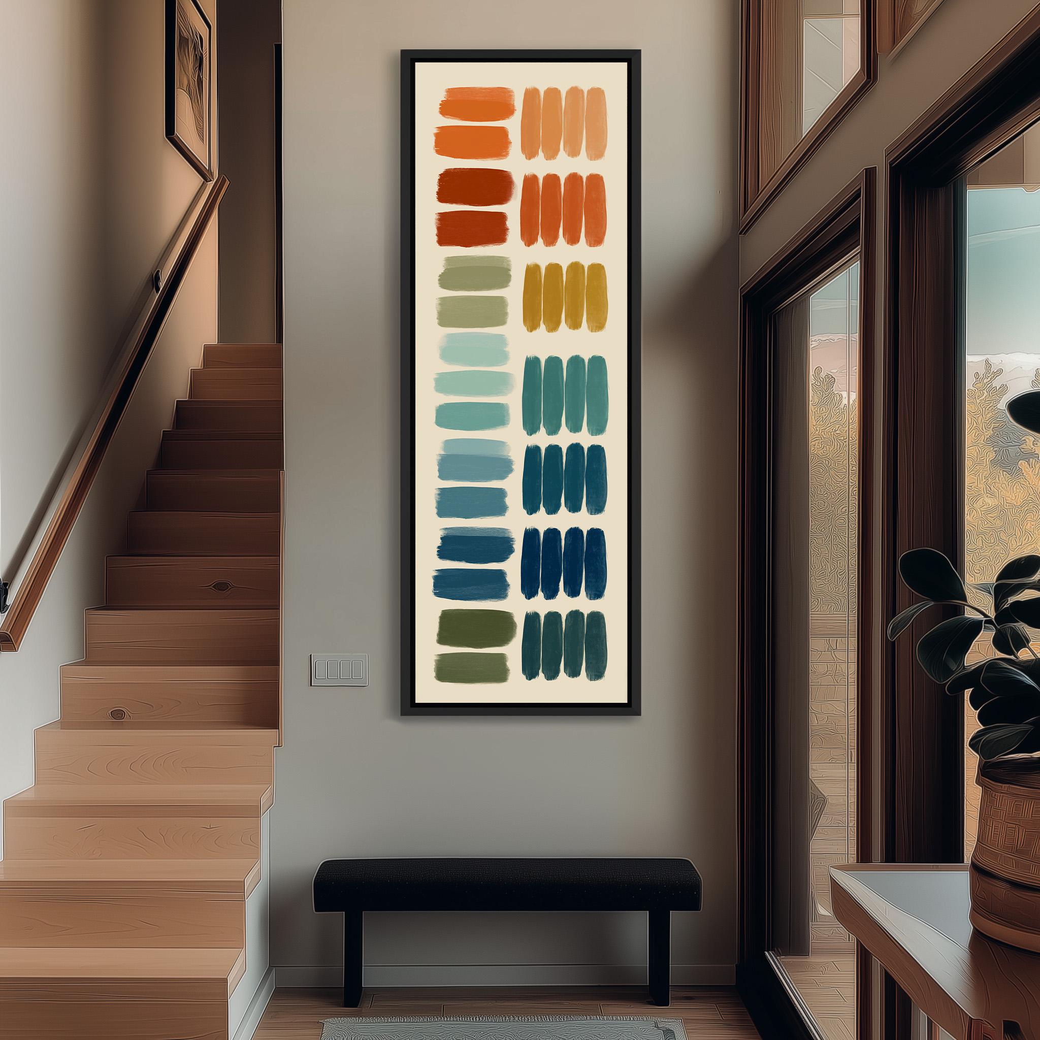 a hallway with a large abstract painting hanging on the wall. The painting consists of various colored squares arranged in a vertical line, creating a vibrant and dynamic visual display. The hallway also includes a staircase, a bench, and a potted plant, contributing to the overall aesthetic of the space.