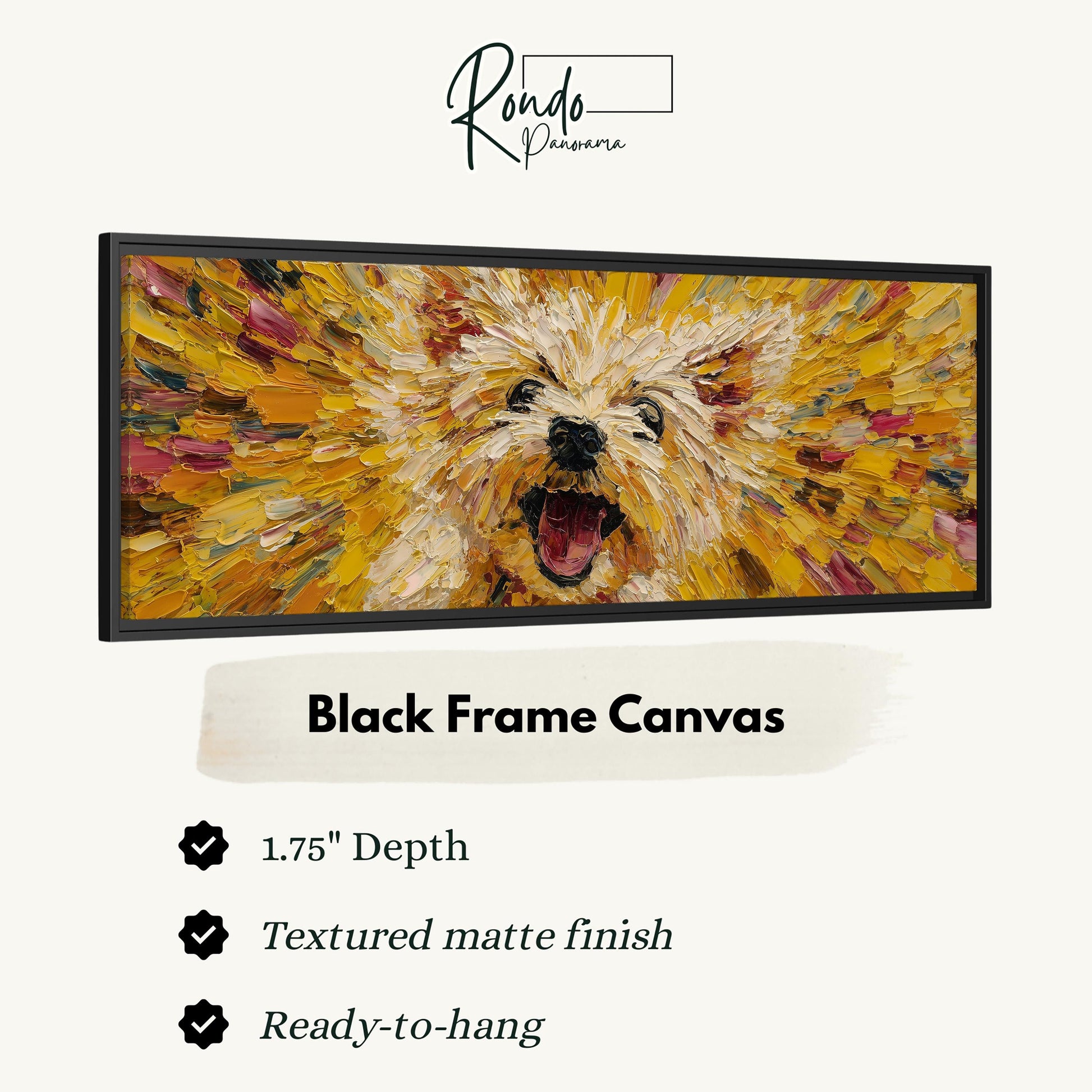 The image is a black frame canvas depicting a close-up of a dog's face with an open mouth, surrounded by a vibrant, textured painting-like effect.