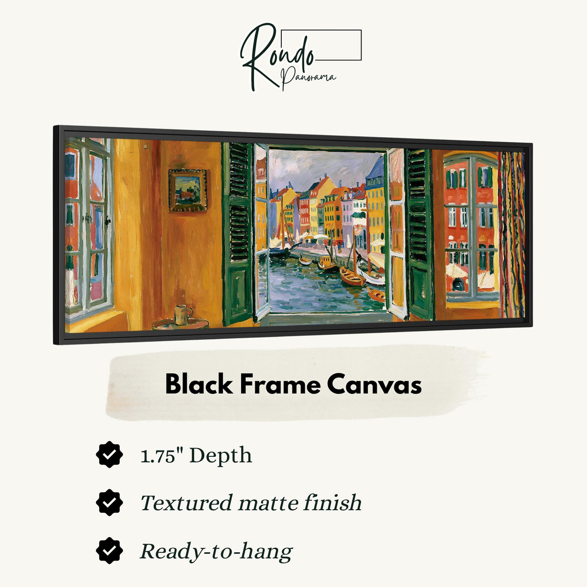 Copenhagen's colorful canal through a window canvas print in a black floating frame