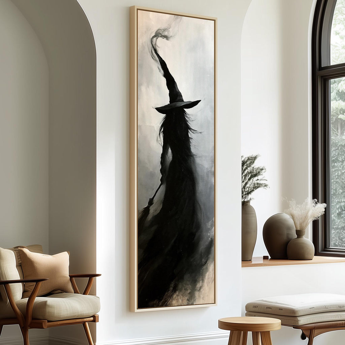 Witch silhouette with a tall hat in smoke long vertical canvas print in a sunlit living space