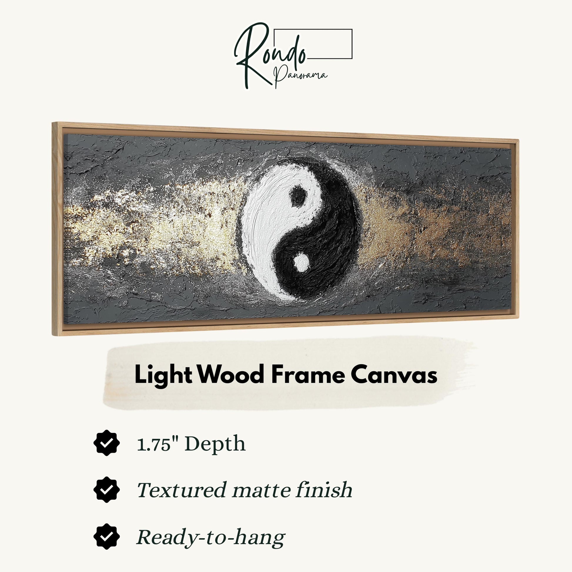 The image is a framed artwork depicting a yin and yang symbol, with a light wood frame.