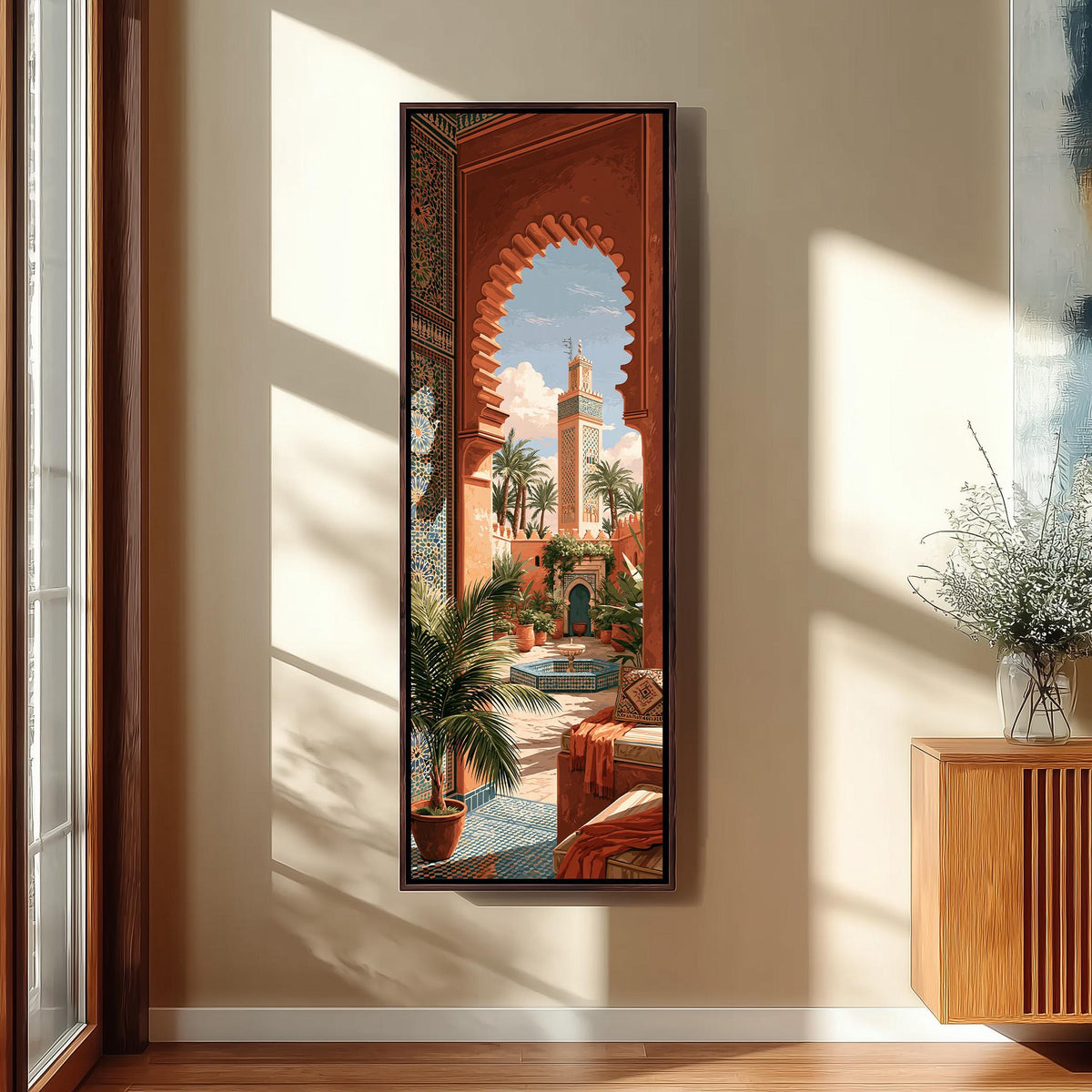 Moroccan courtyard and minaret through a terracotta arch long vertical canvas print in a sunlit living space