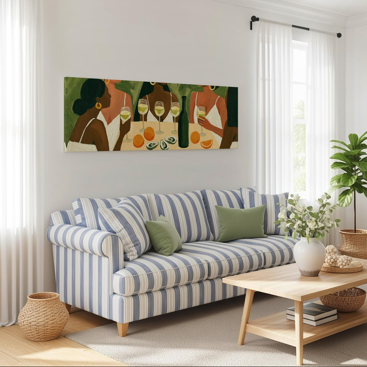 Friends toasting with white wine long horizontal canvas print above a striped sofa in a coastal living room