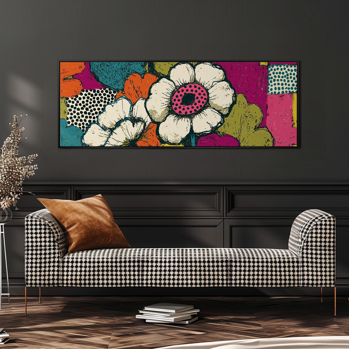 Bold pop blossoms wide panoramic canvas print above a bench in a dark living room