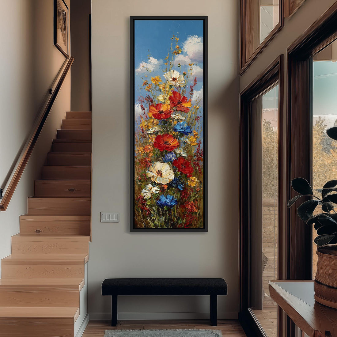 a large, colorful painting of a flower arrangement hanging on a wall in a room with a wooden cabinet below it.