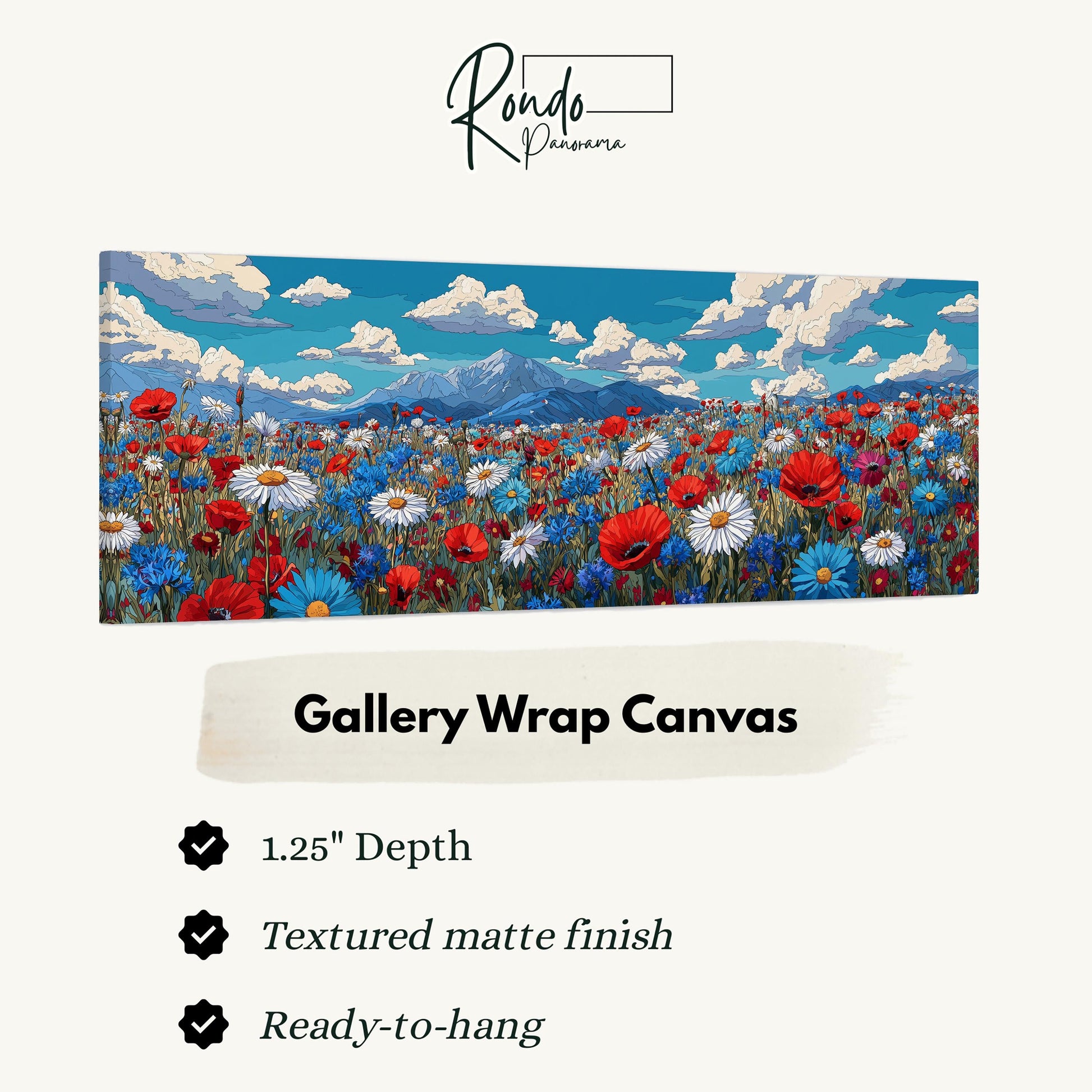 The image is a painting of a field of flowers, specifically a field of poppies, with mountains in the background.
