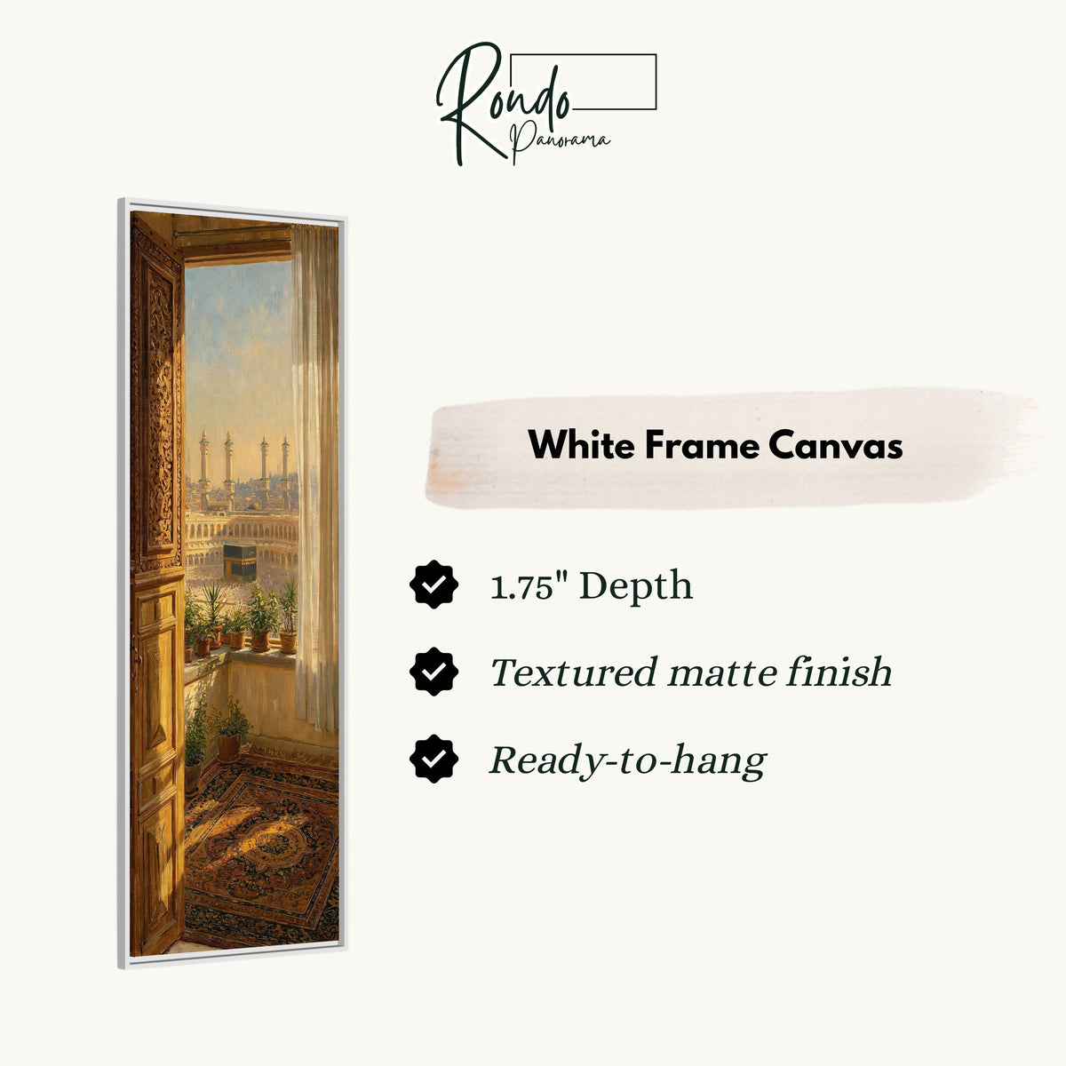 View of Mecca from an ornate window canvas print in a white floating frame