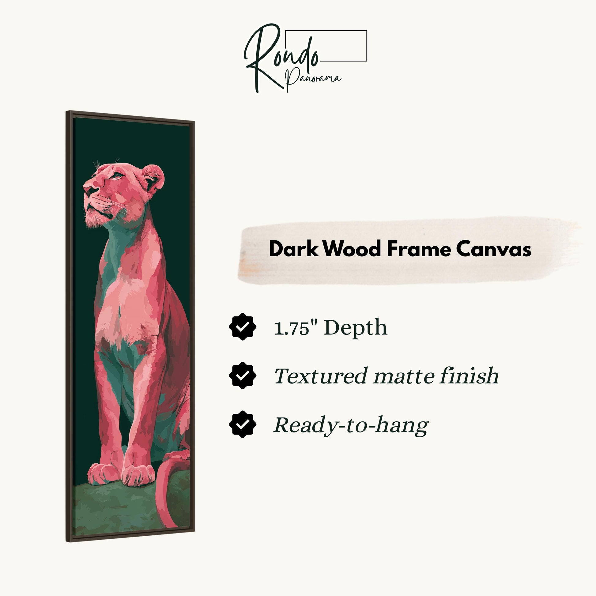 The image is a dark wood frame canvas featuring a pink lion.