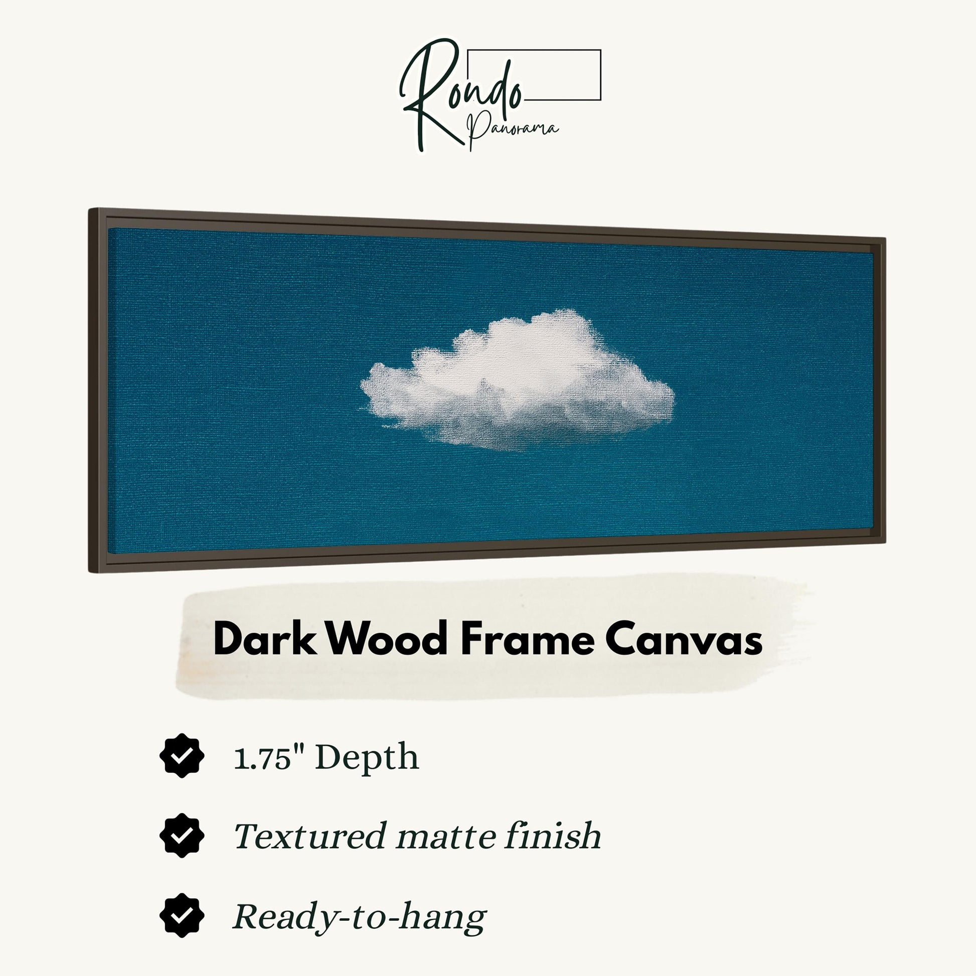 The image is a dark wood frame canvas depicting a cloud against a blue sky.