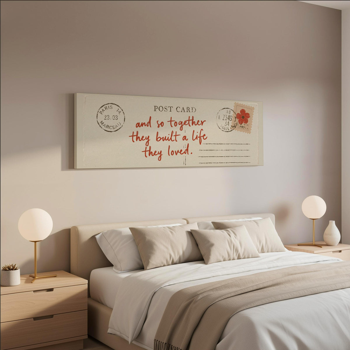 Paris postcard saying and so together they built a life they loved wide panoramic canvas print above a bed in a neutral bedroom