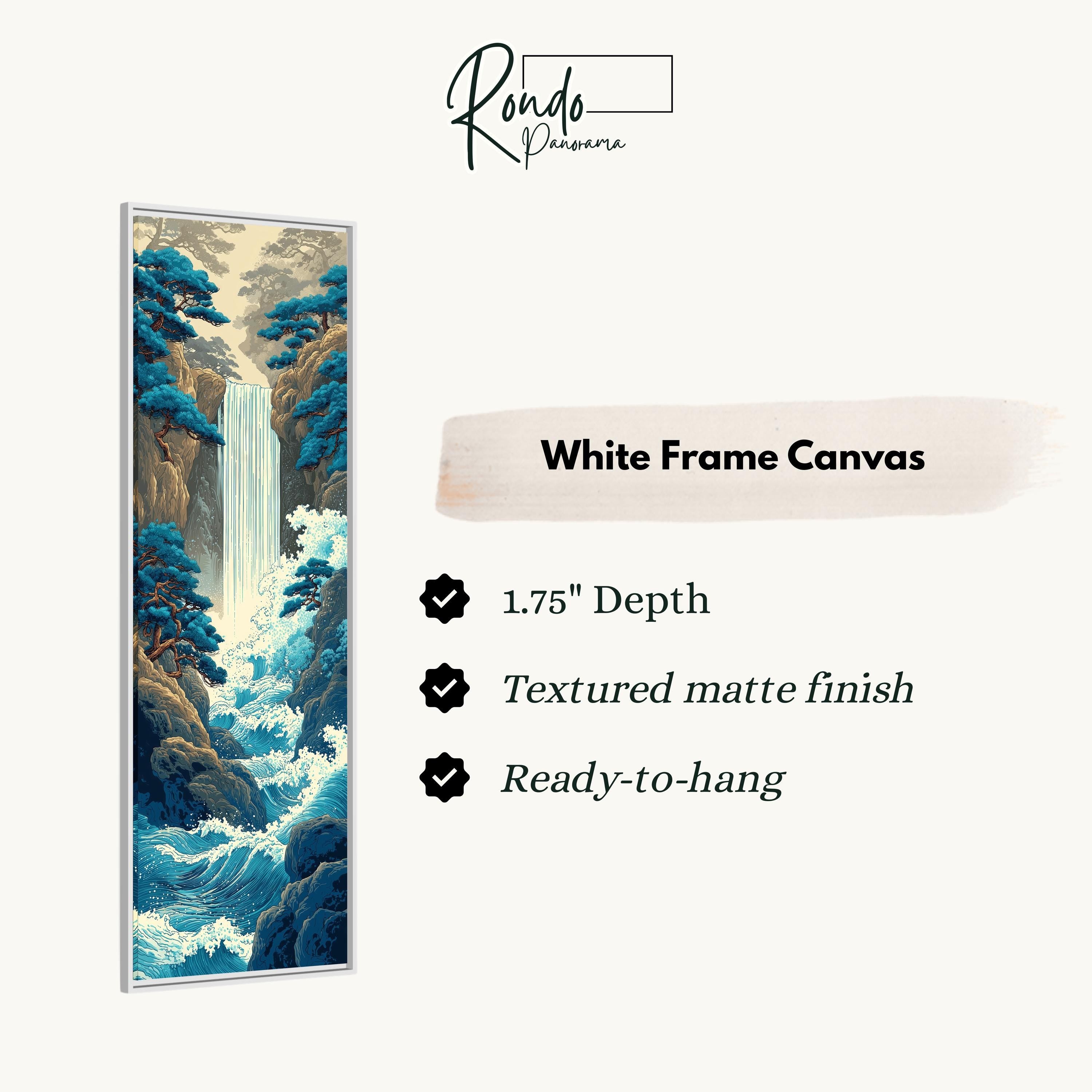 The image is a white frame canvas depicting a waterfall surrounded by trees and rocks.