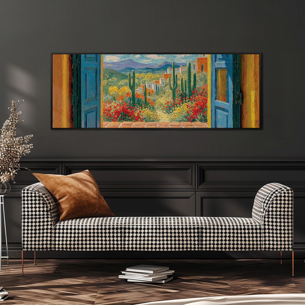 Cactus courtyard seen through blue doors wide panoramic canvas print above a bench in a dark living room