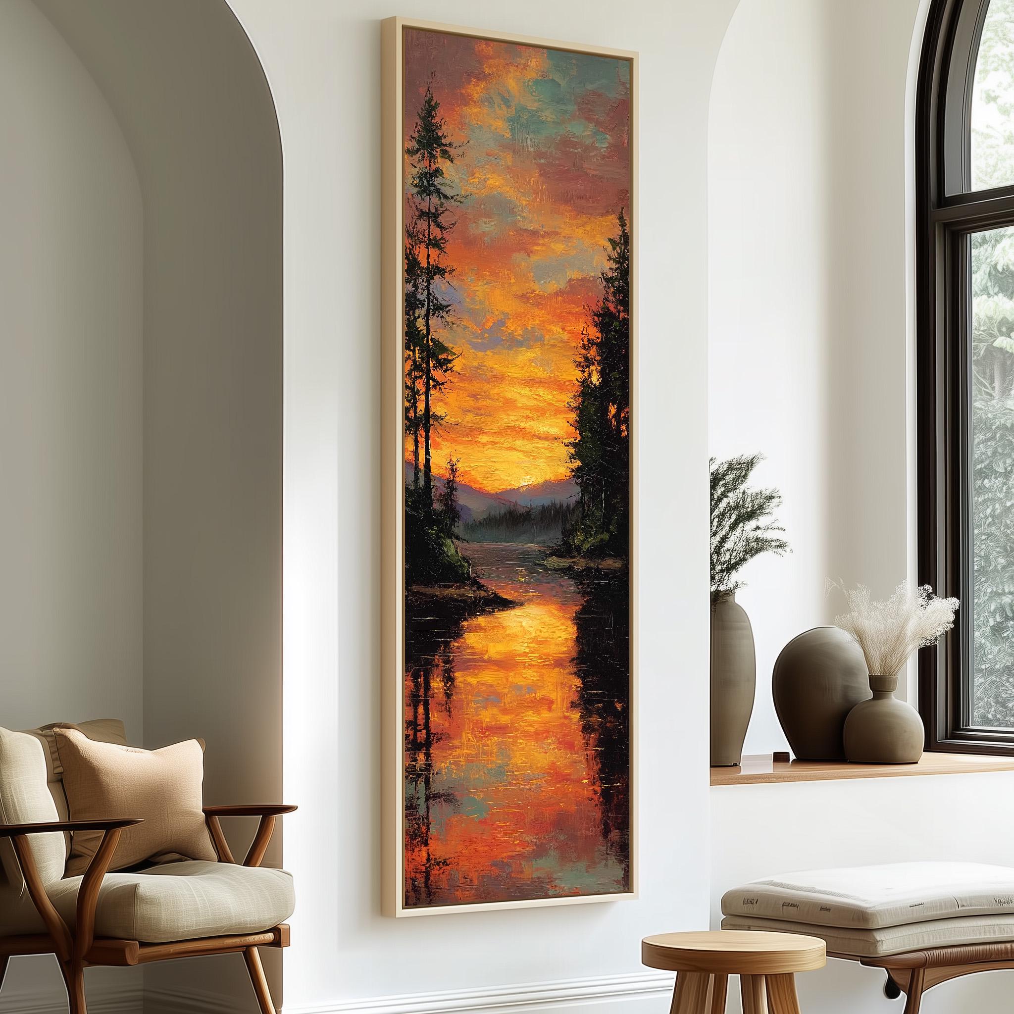 a large painting of a sunset landscape hanging on a wall, with a wooden chair and a small table in the foreground.