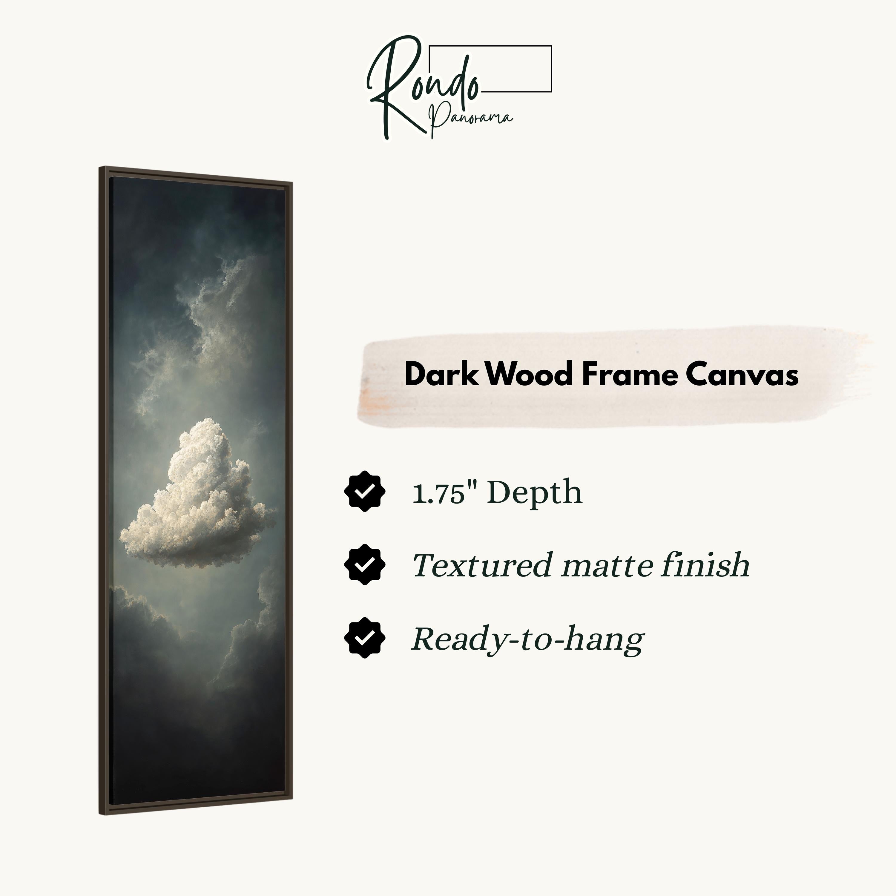 The image is a dark wood frame canvas featuring a large, fluffy cloud against a dark background.
