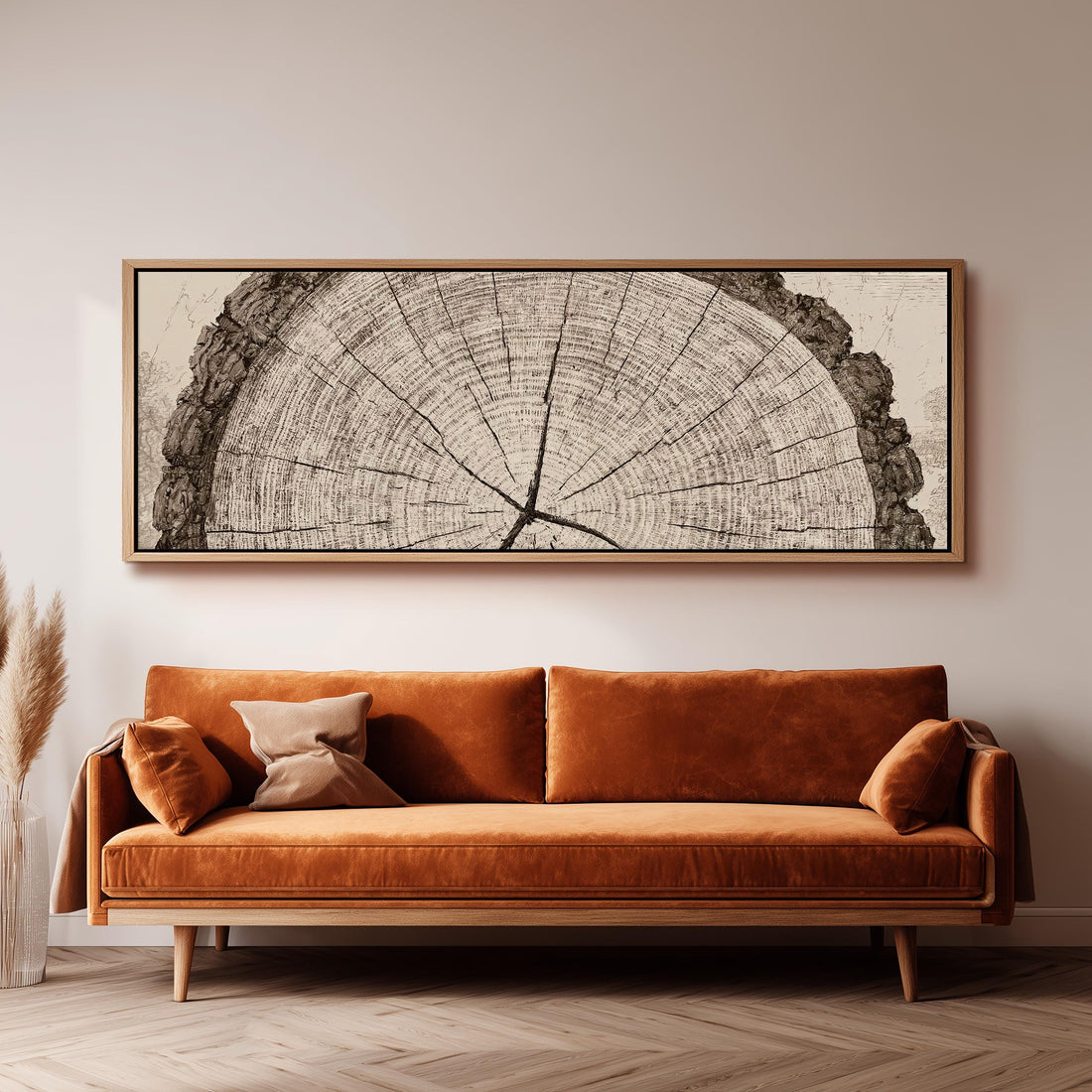 Sepia tree ring with radial cracks long horizontal canvas print above a sofa in a living room