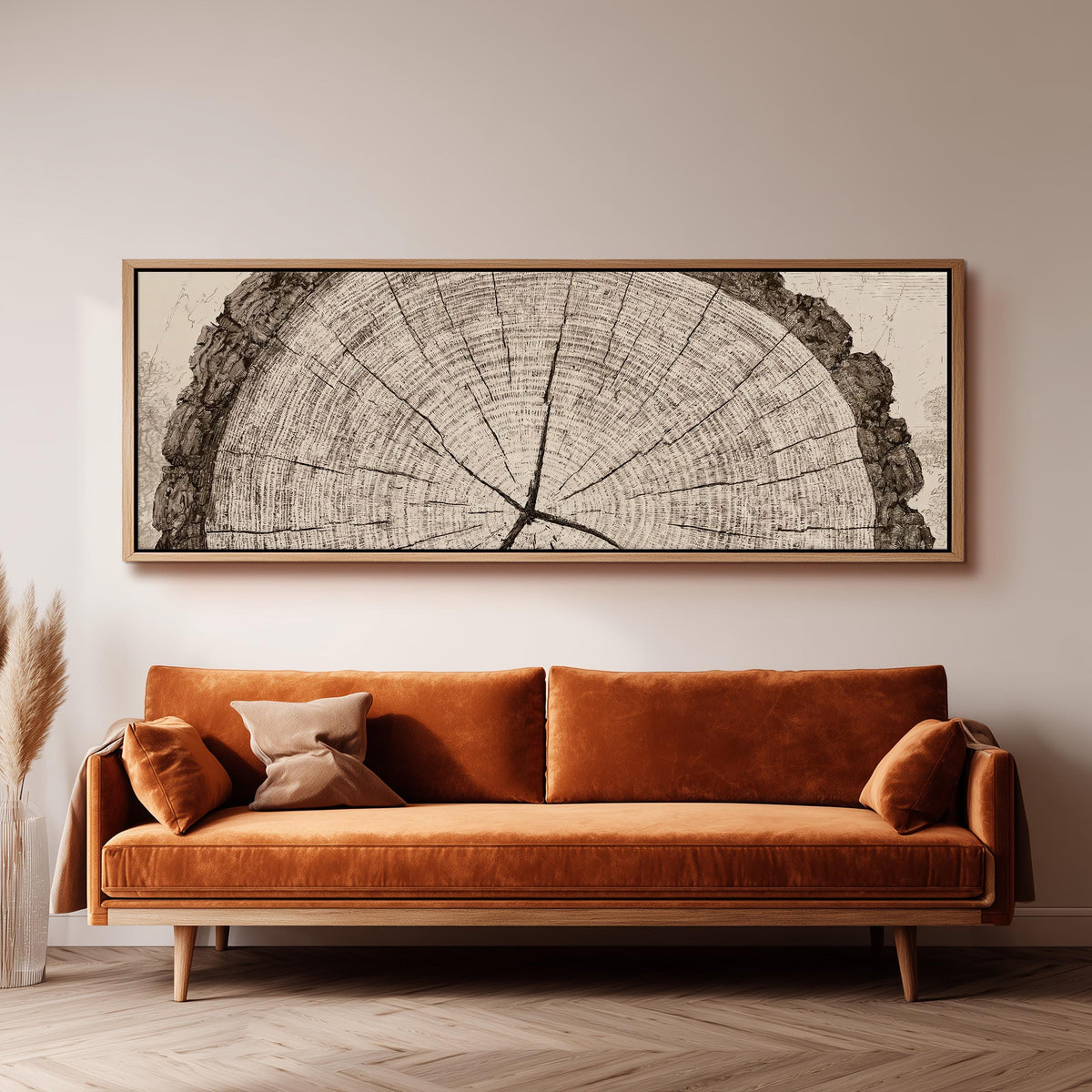 Sepia tree ring with radial cracks panoramic canvas print above a sofa in a living room