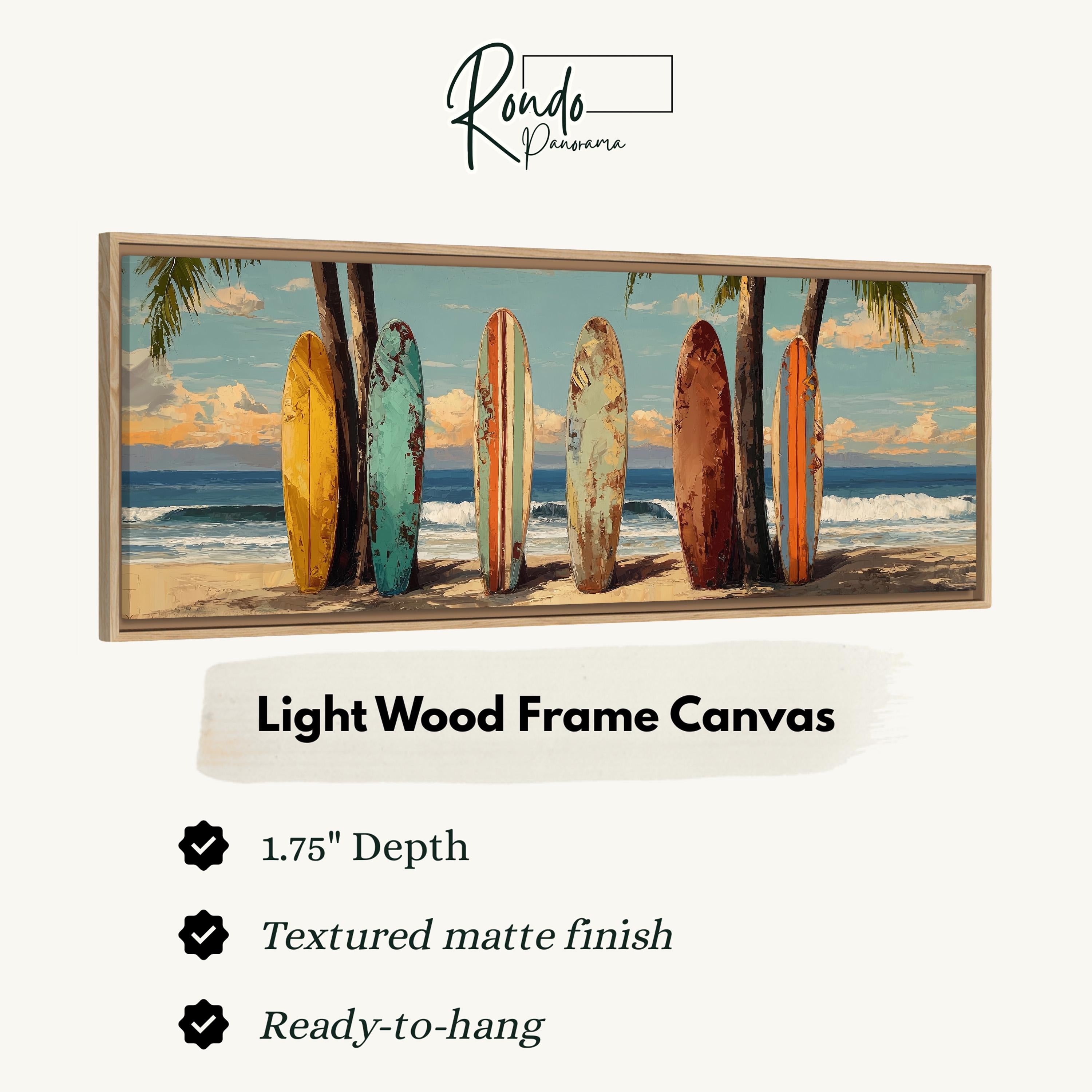 A framed artwork depicting a beach scene with six surfboards lined up on the sand, against a backdrop of palm trees and a sunset sky.