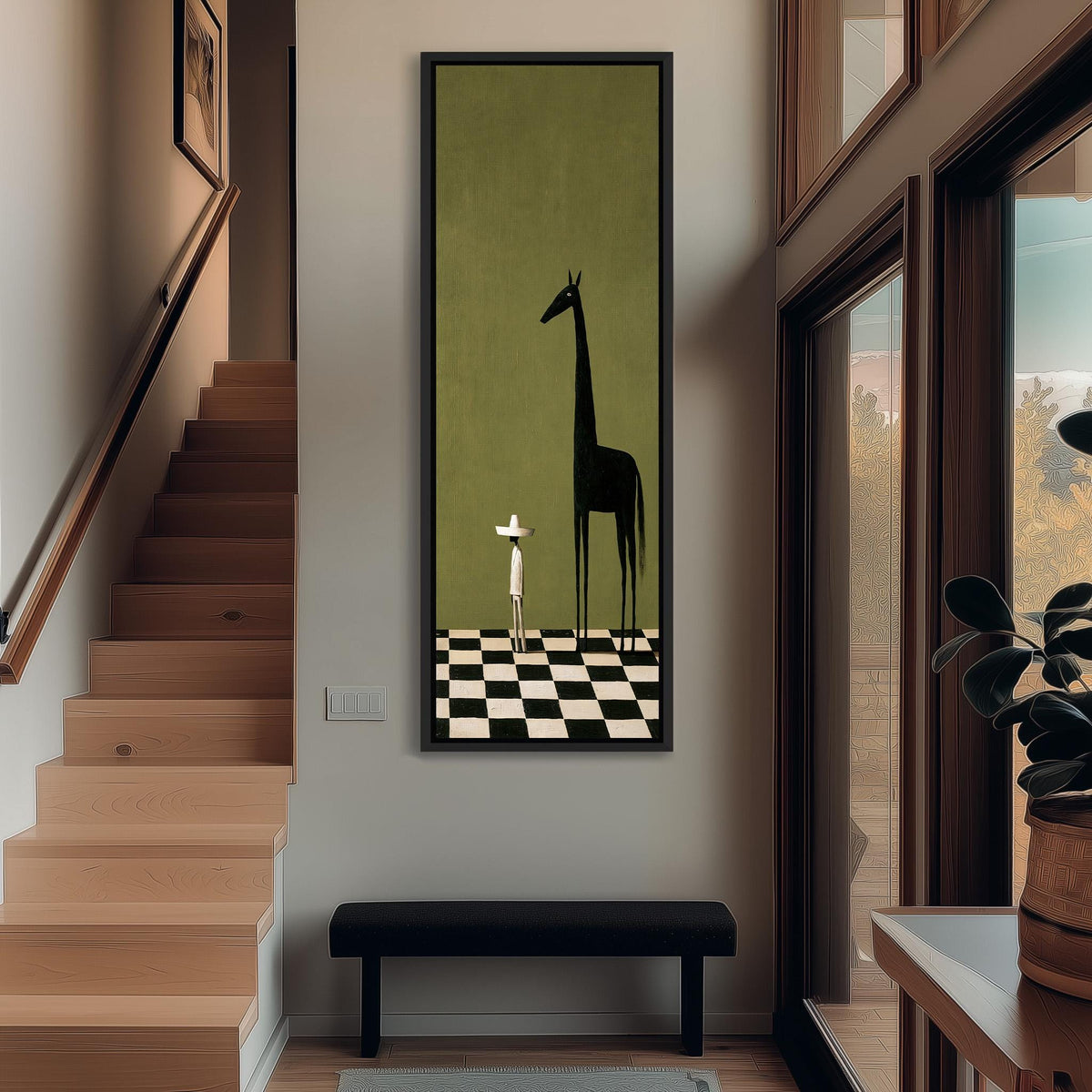 Towering black horse beside a tiny figure tall narrow canvas print beside a staircase in an entryway