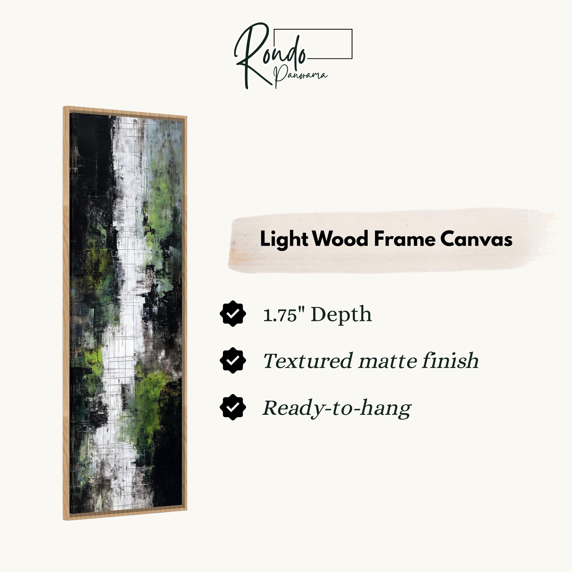 The image is a product description for a light wood frame canvas. It features a vertical painting with a textured finish and a 1.75" depth. The canvas is ready to hang and has a textured matte finish.