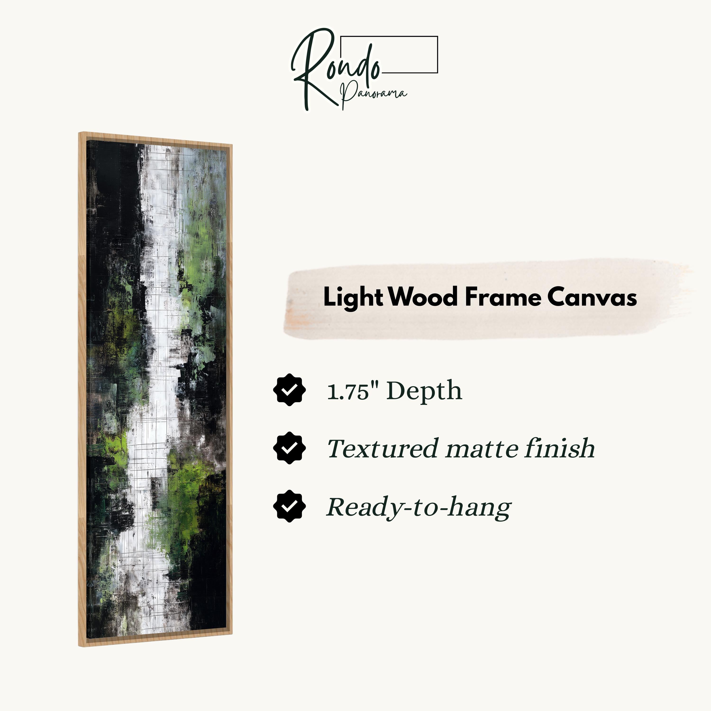 The image is a product description for a light wood frame canvas. It features a vertical painting with a textured finish and a 1.75" depth. The canvas is ready to hang and has a textured matte finish.