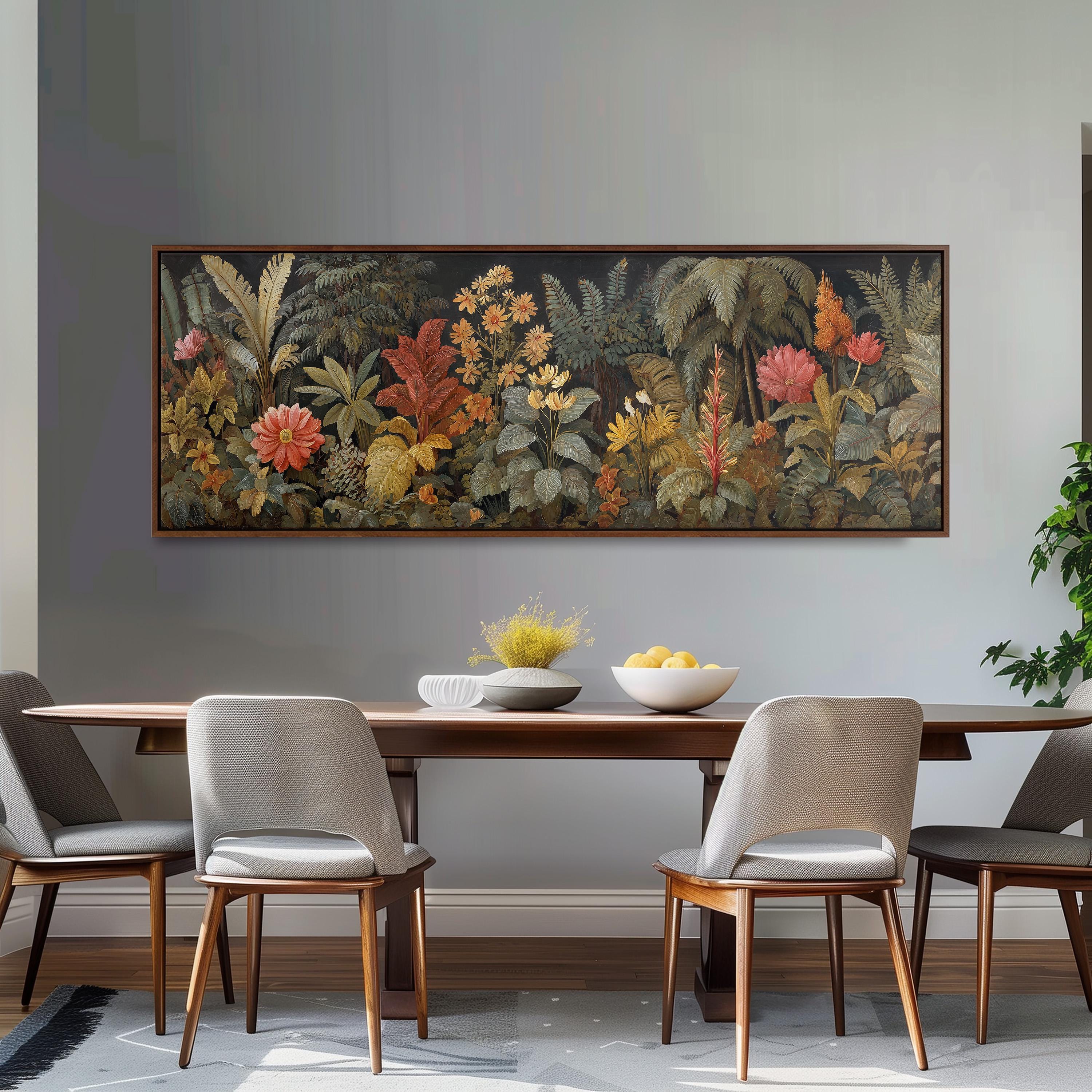 a dining room with a large painting of a tropical garden hanging on the wall above a wooden dining table with four chairs. The table is set with a bowl of fruit and a vase of flowers, creating a cozy and inviting atmosphere.