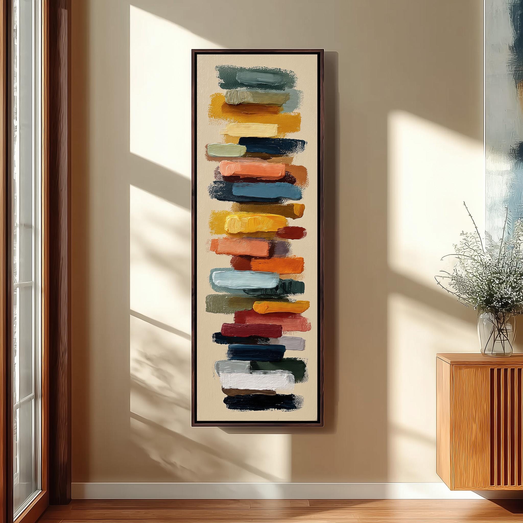 a large abstract painting hanging on a wall, depicting a series of colorful brushstrokes arranged vertically.