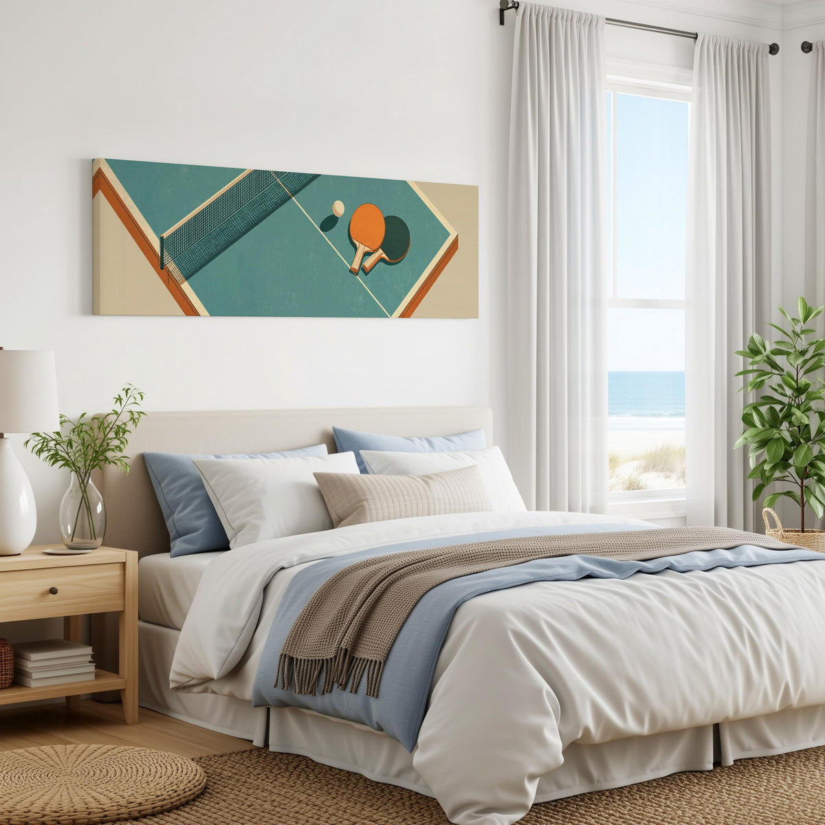Retro ping pong table panoramic canvas print above a bed in a coastal bedroom